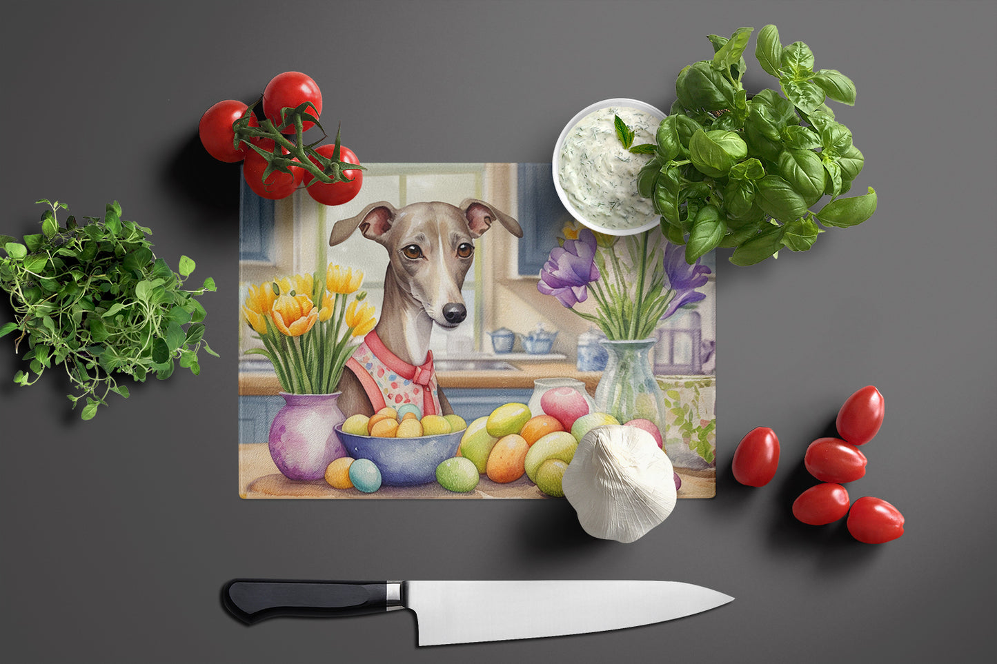 Decorating Easter Italian Greyhound Glass Cutting Board