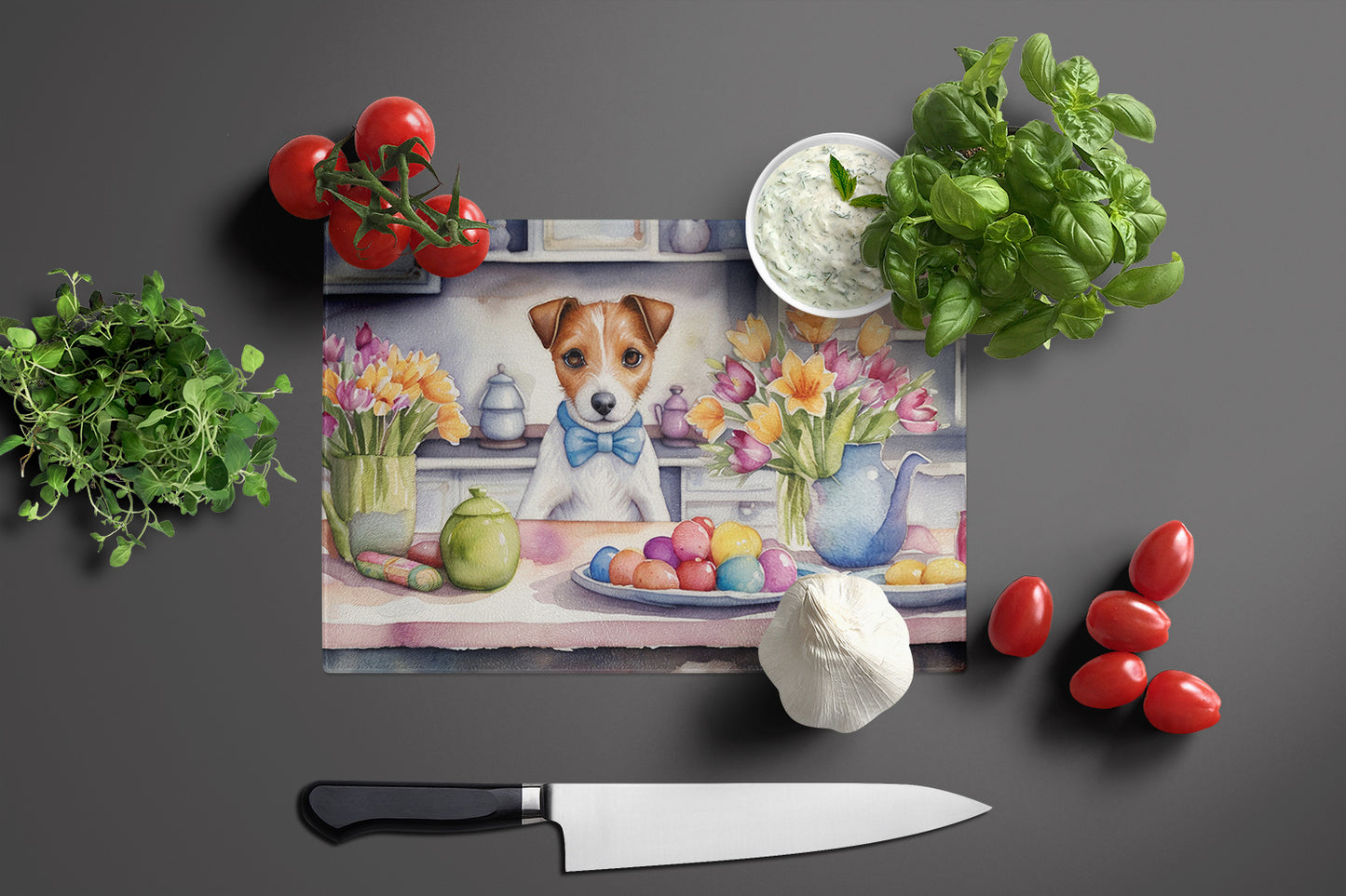 Decorating Easter Jack Russell Terrier Glass Cutting Board