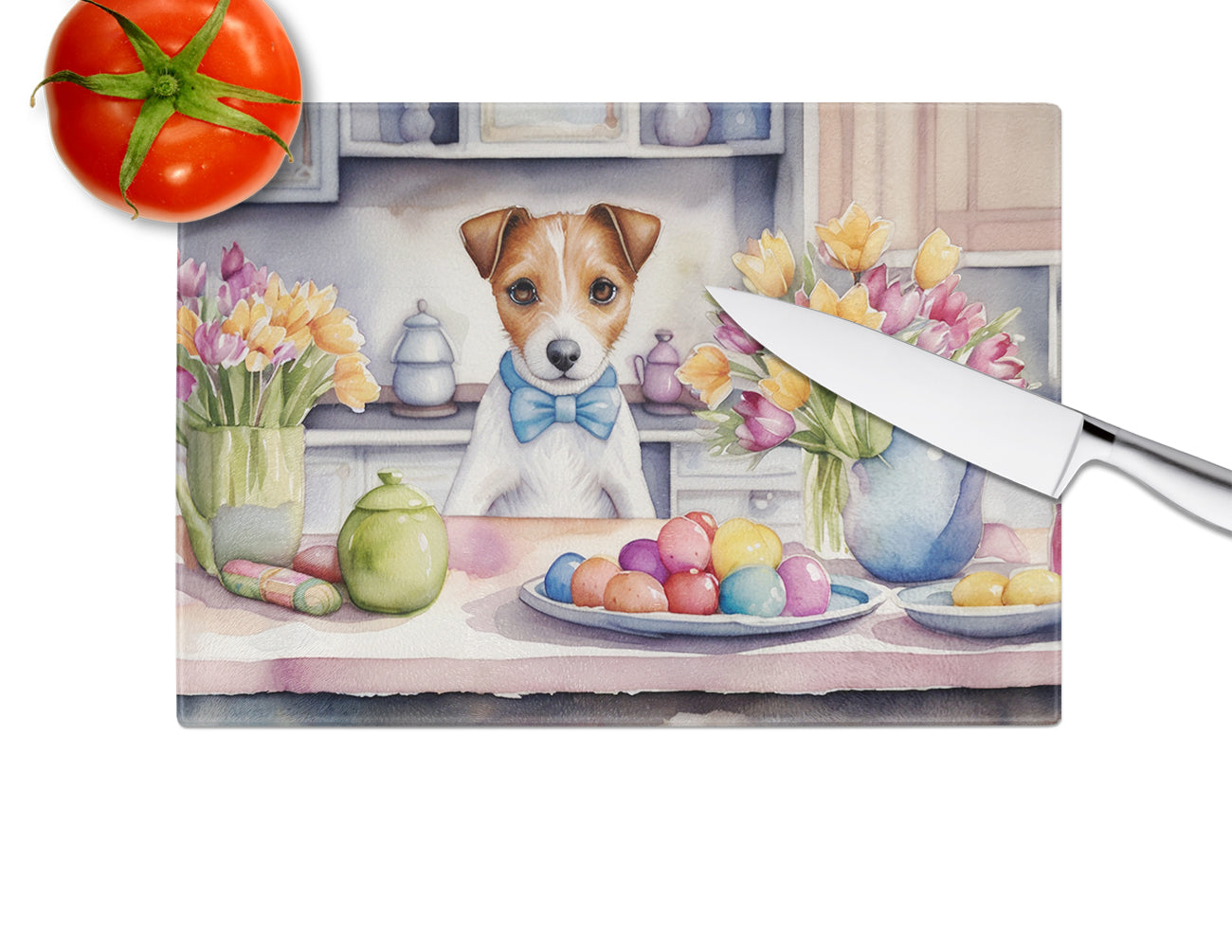 Decorating Easter Jack Russell Terrier Glass Cutting Board