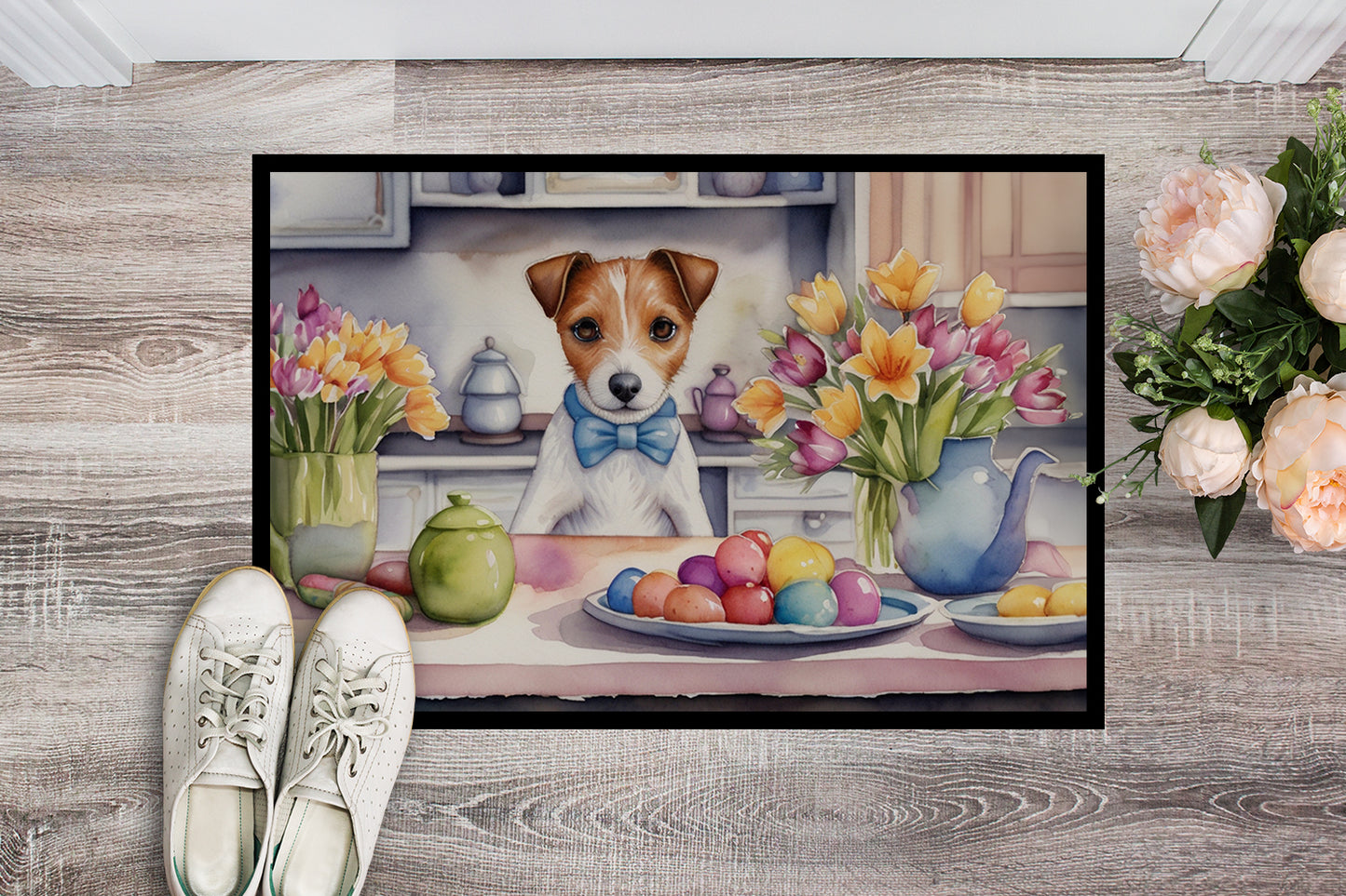 Decorating Easter Jack Russell Terrier Doormat