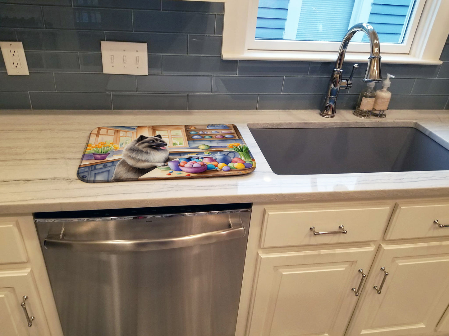 Decorating Easter Keeshond Dish Drying Mat