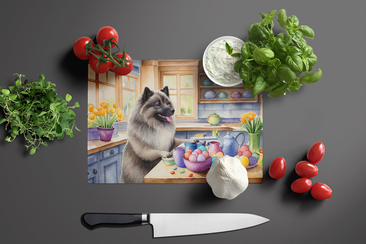 Decorating Easter Keeshond Glass Cutting Board