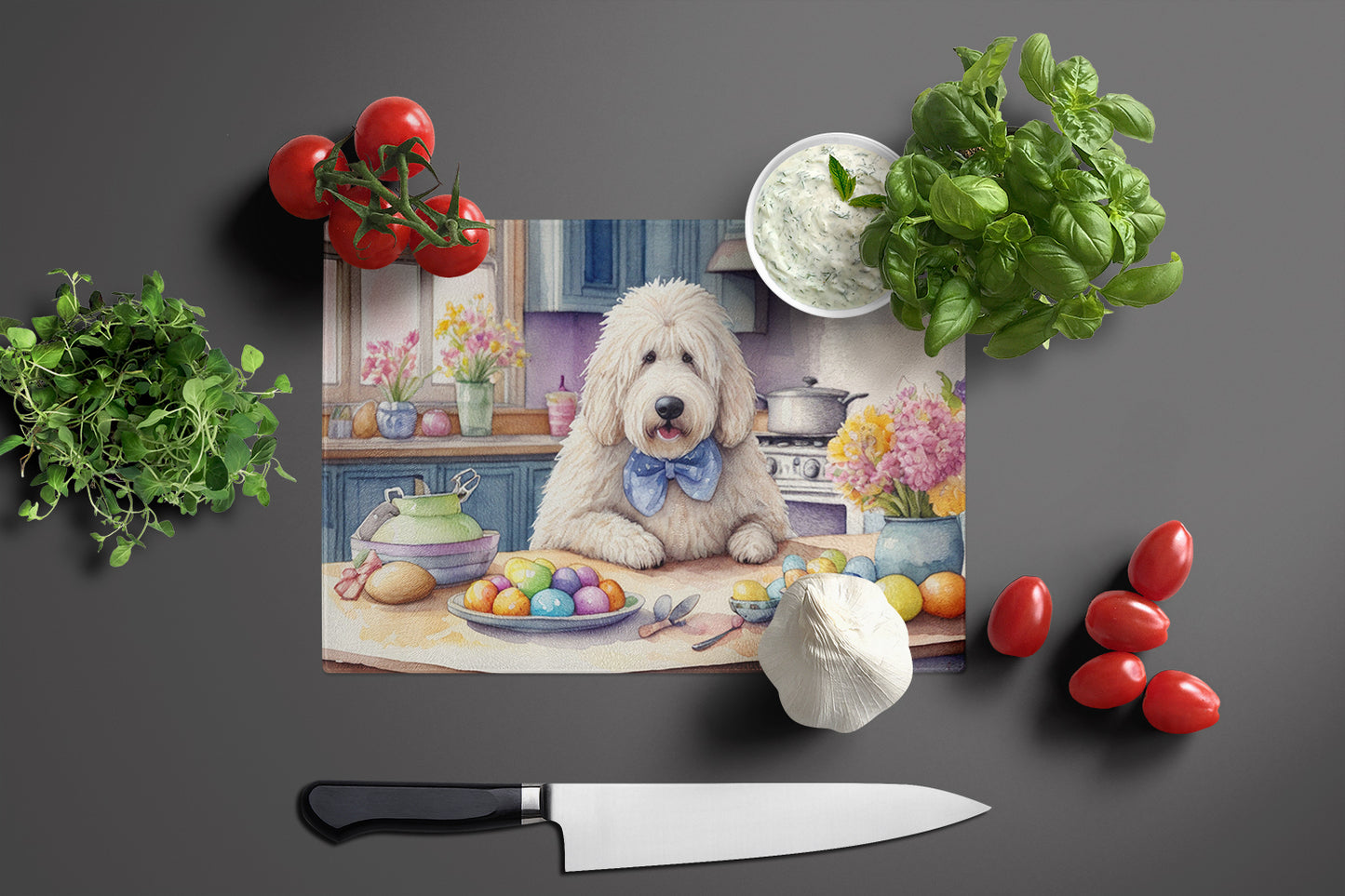 Decorating Easter Komondor Glass Cutting Board