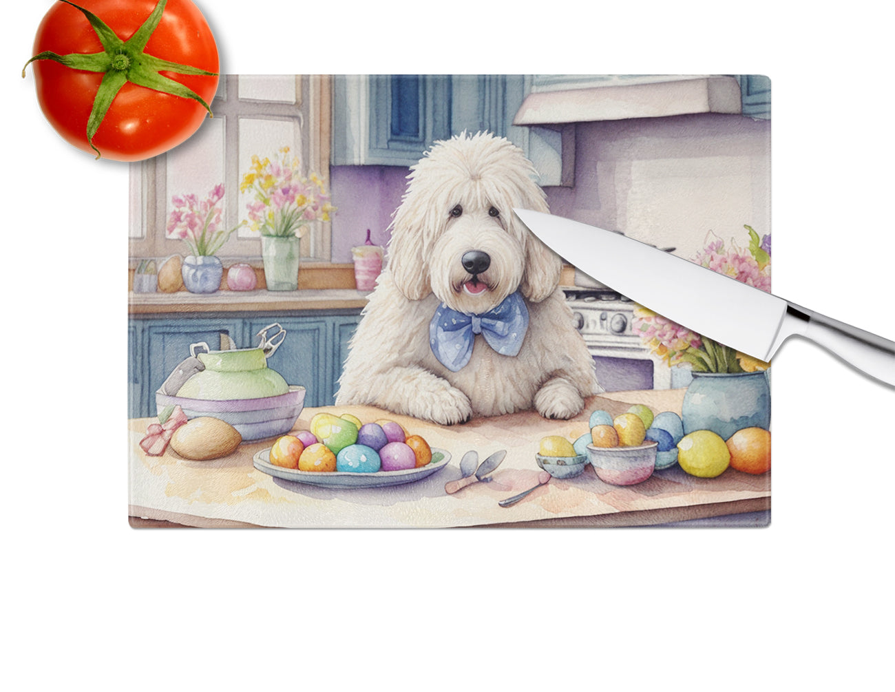 Decorating Easter Komondor Glass Cutting Board