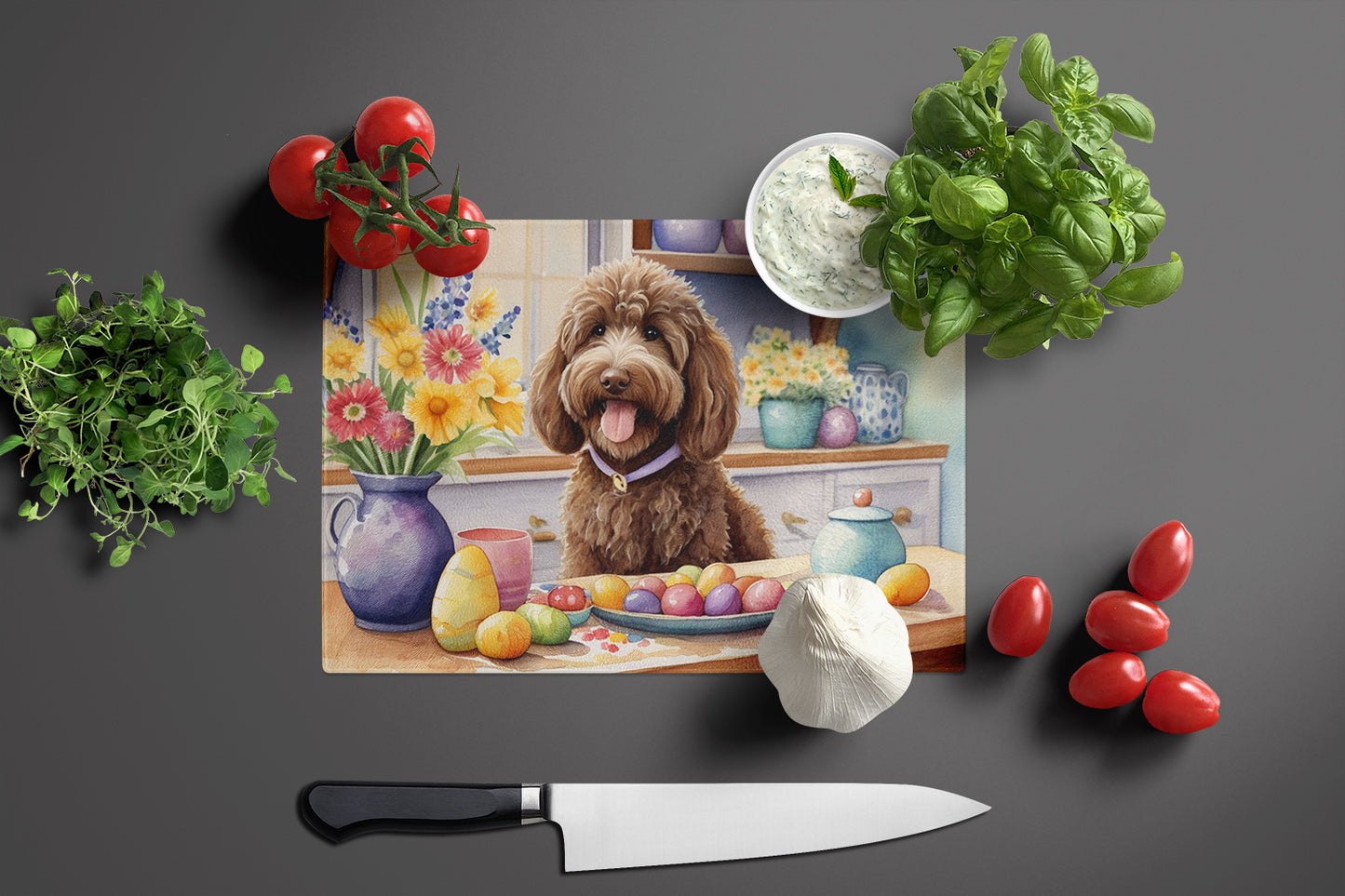 Decorating Easter Labradoodle Glass Cutting Board