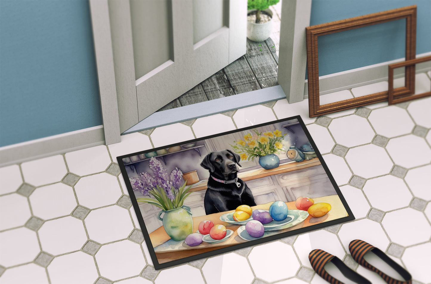 Decorating Easter Black Labrador Retriever Doormat