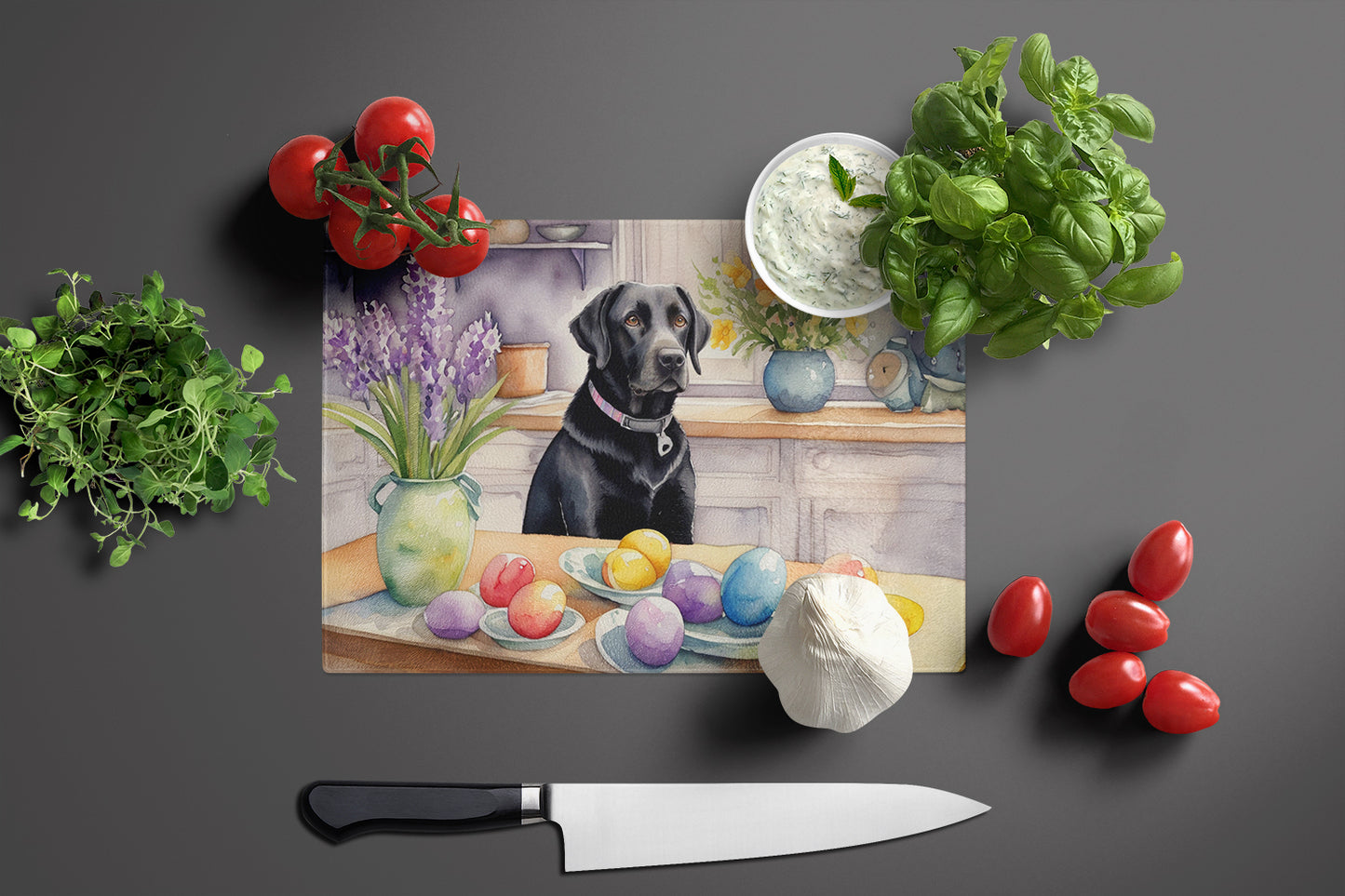 Decorating Easter Black Labrador Retriever Glass Cutting Board