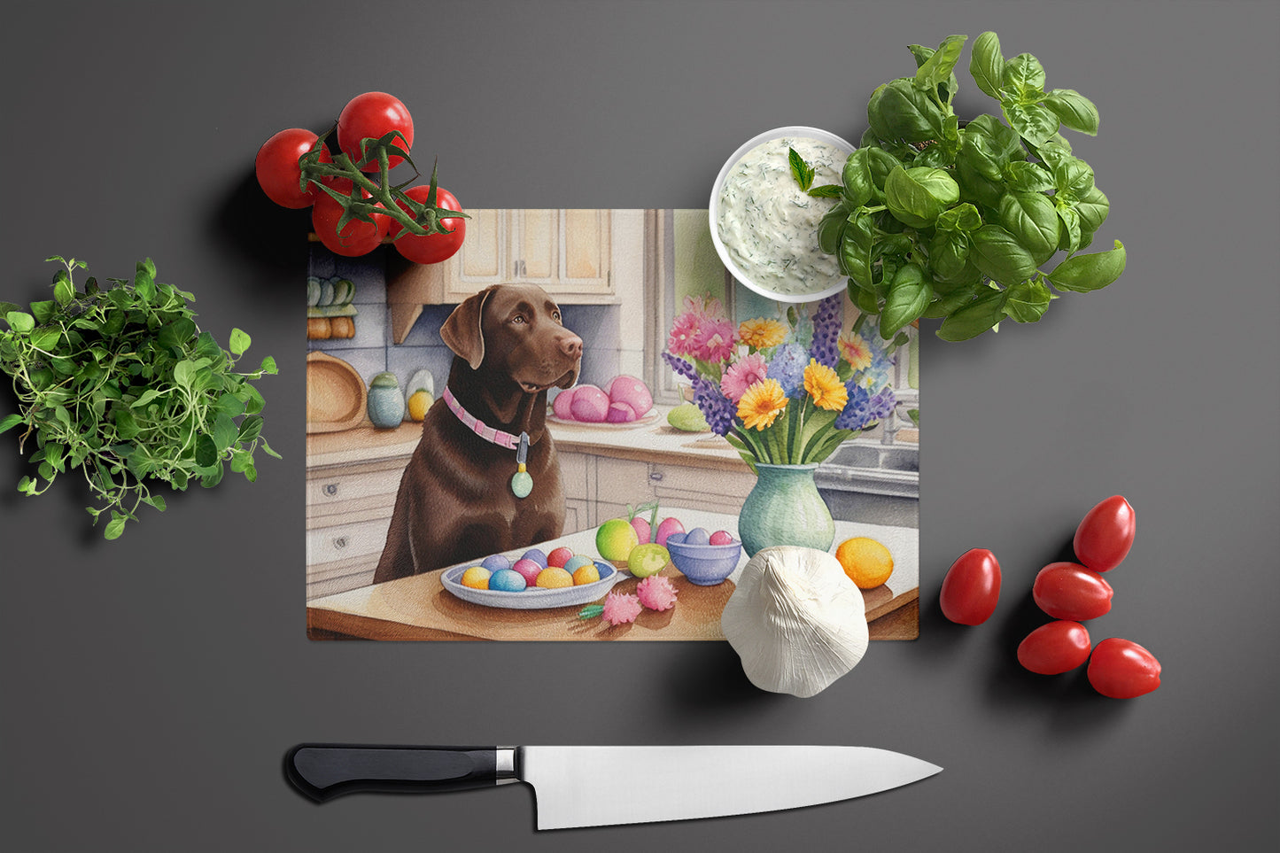 Decorating Easter Chocolate Labrador Retriever Glass Cutting Board