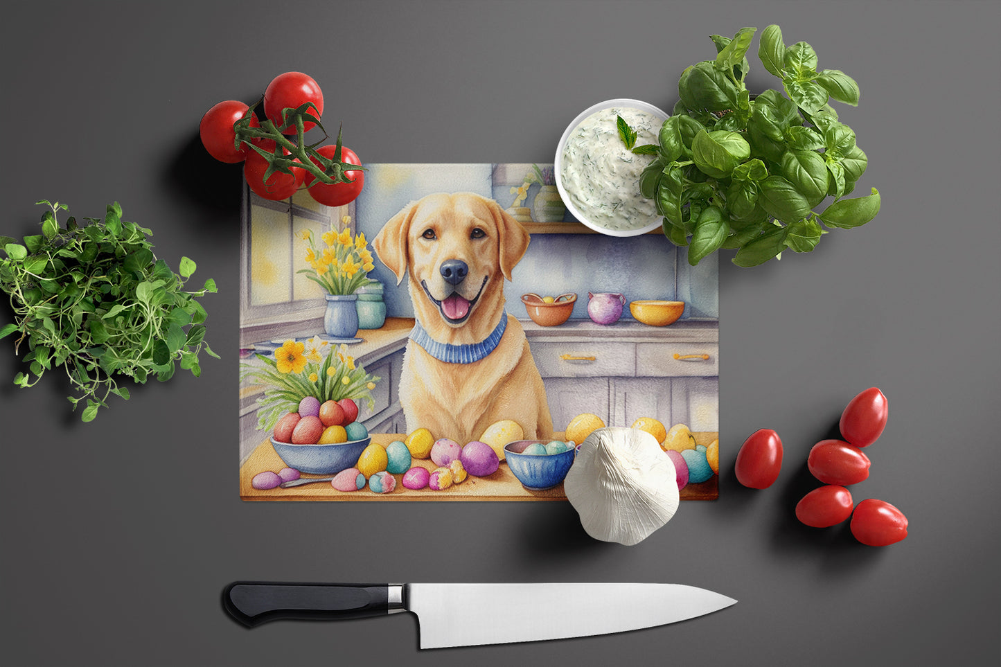 Decorating Easter Yellow Labrador Retriever Glass Cutting Board