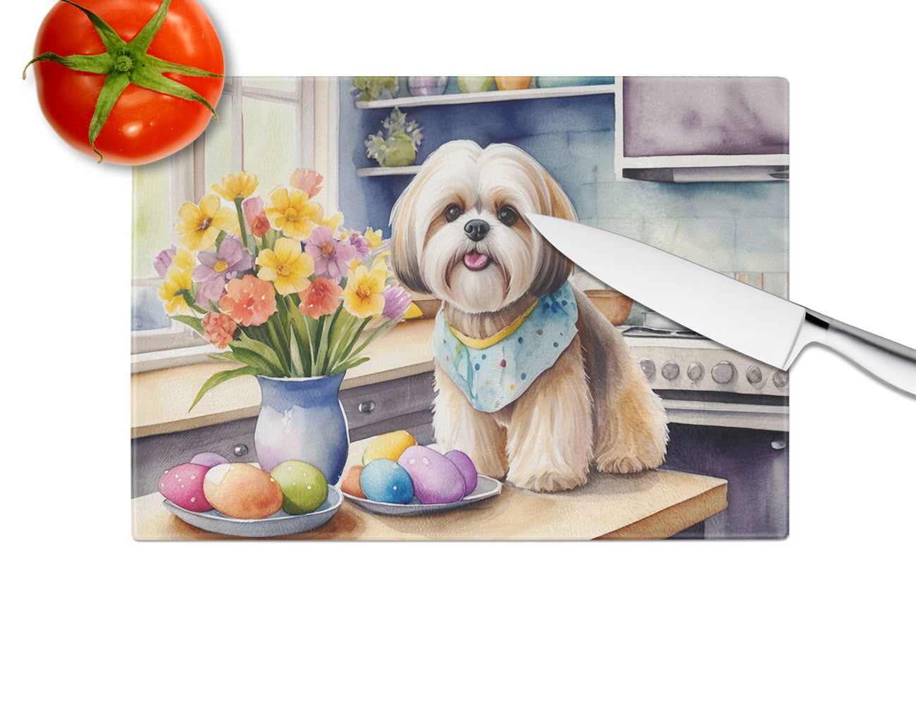 Decorating Easter Lhasa Apso Glass Cutting Board