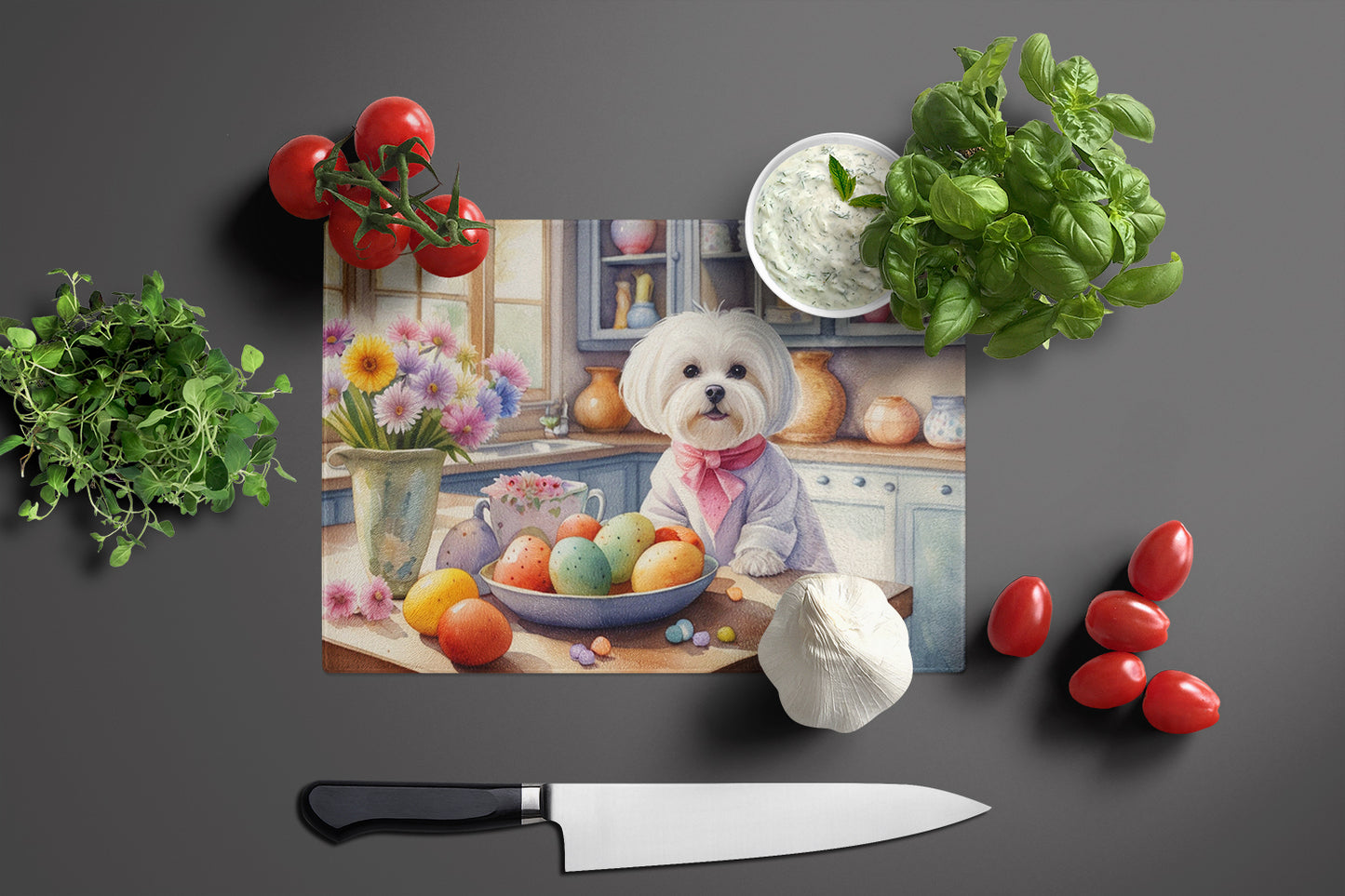 Decorating Easter Maltese Glass Cutting Board