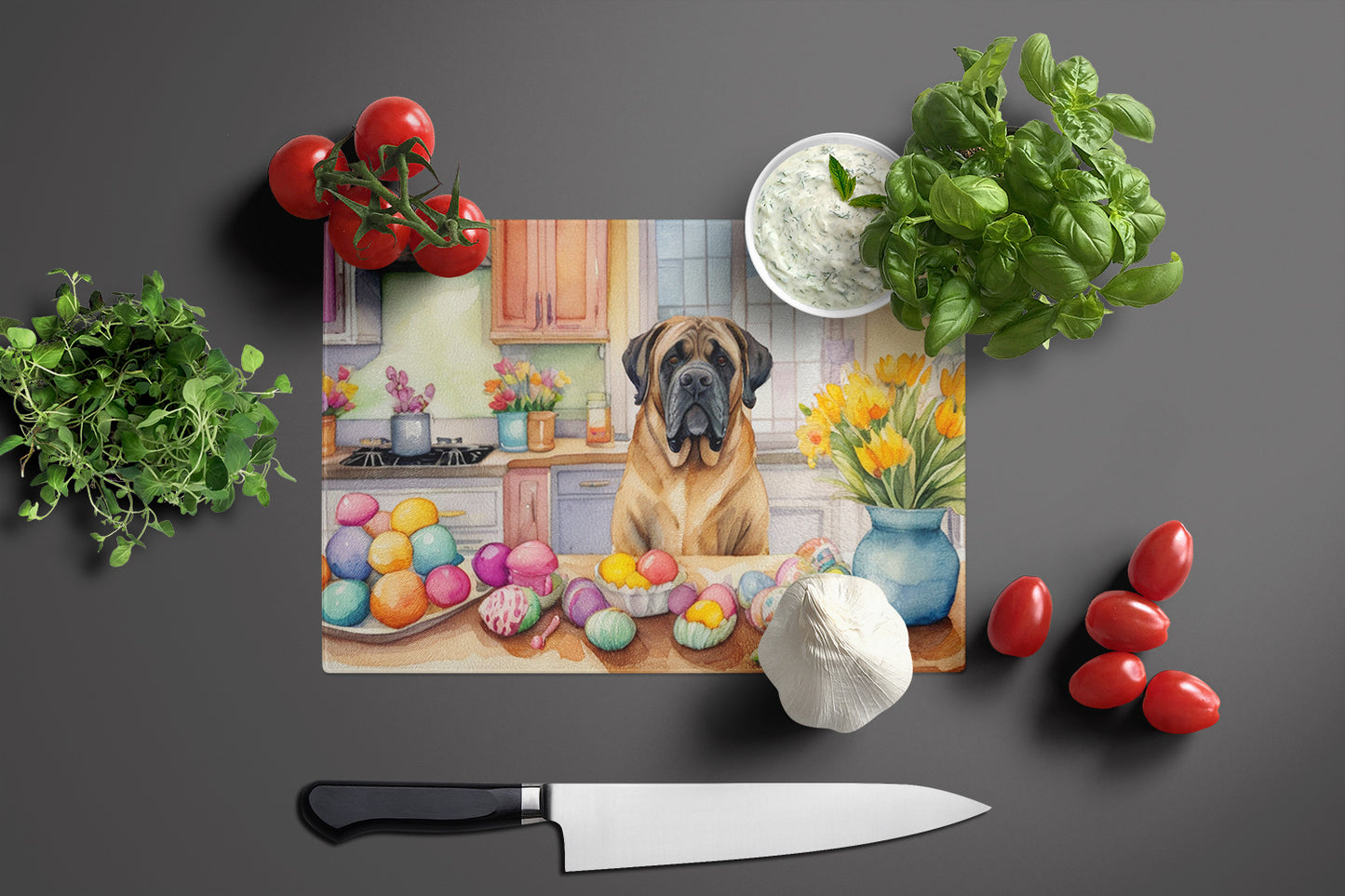 Decorating Easter Mastiff Glass Cutting Board