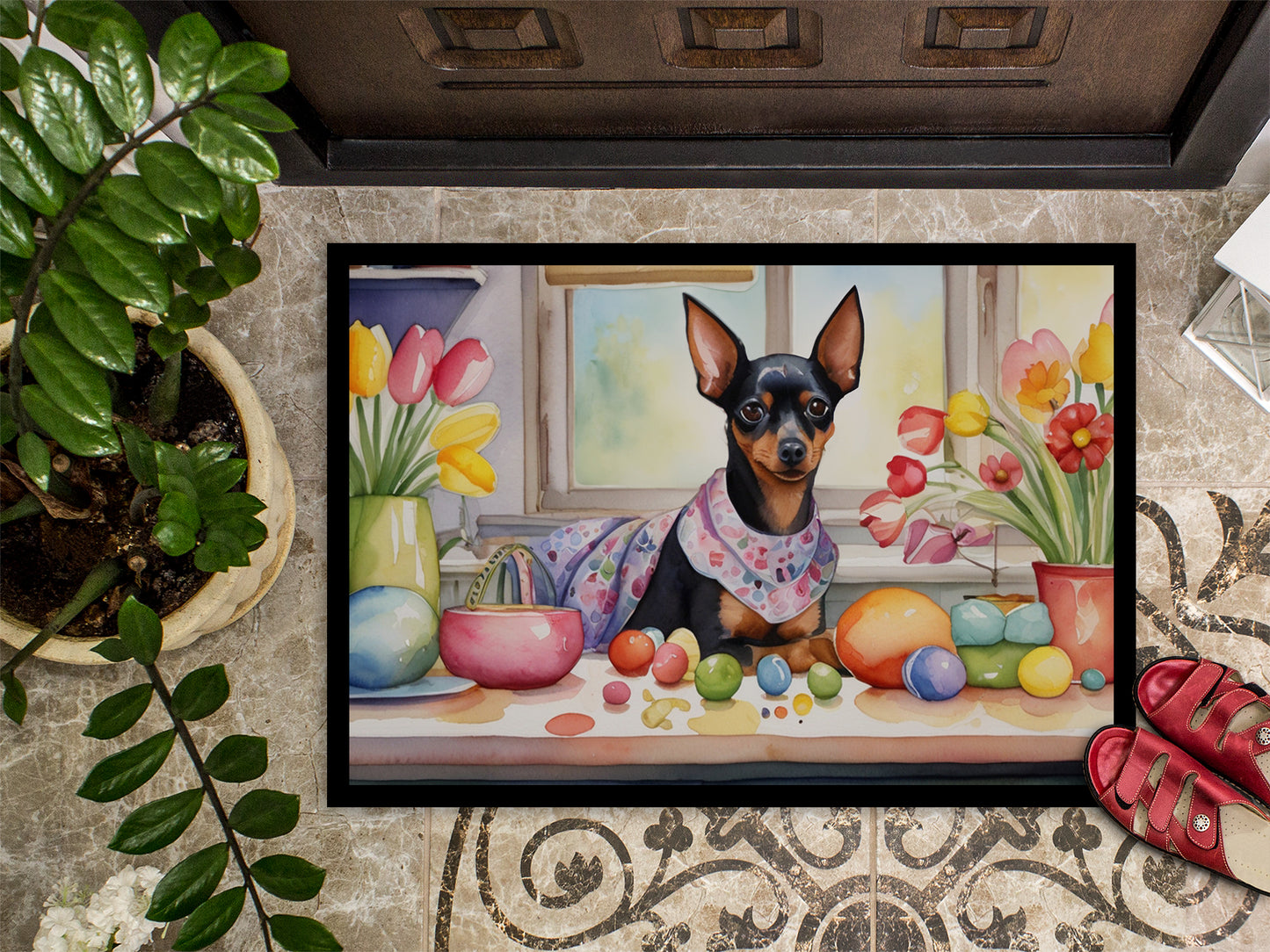 Decorating Easter Miniature Pinscher Doormat