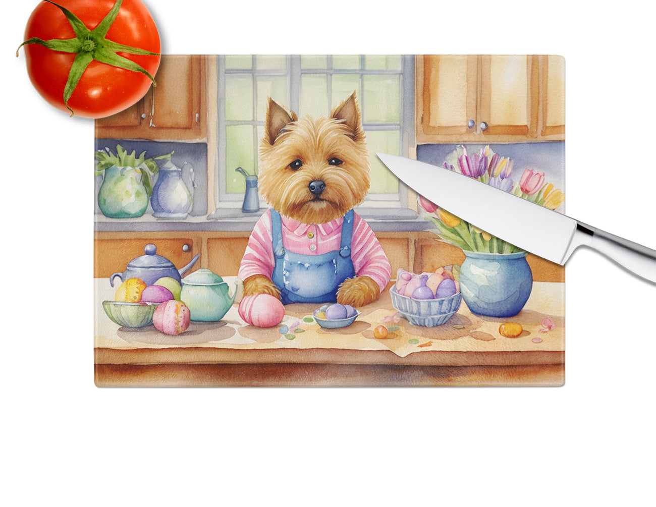 Decorating Easter Norwich Terrier Glass Cutting Board