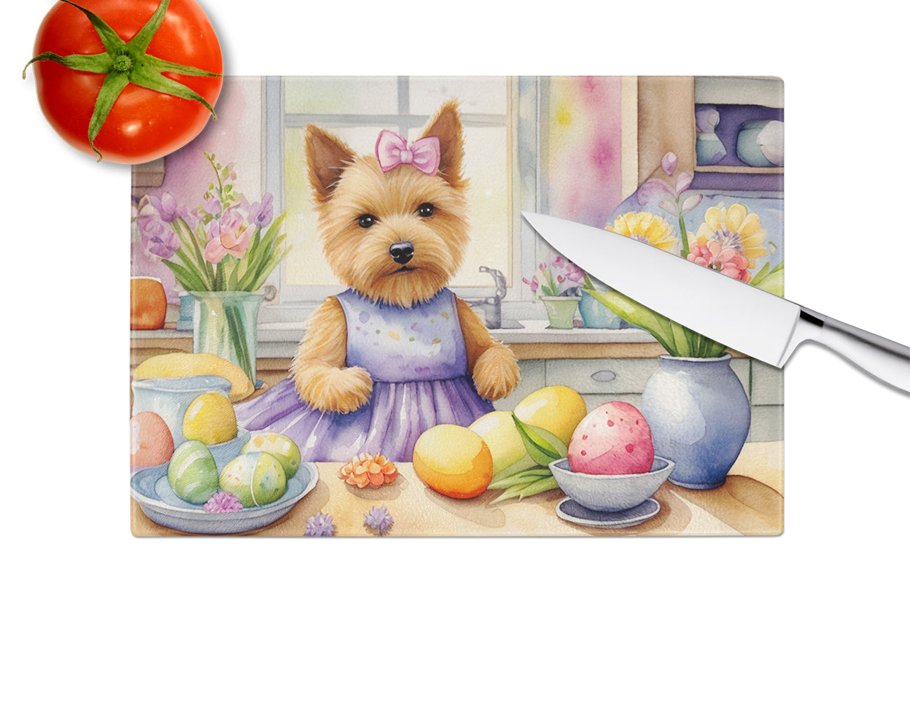 Decorating Easter Norwich Terrier Glass Cutting Board