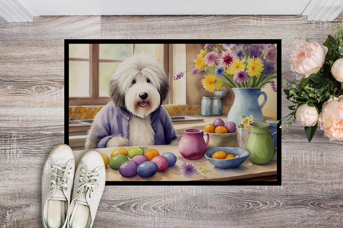 Decorating Easter Old English Sheepdog Doormat