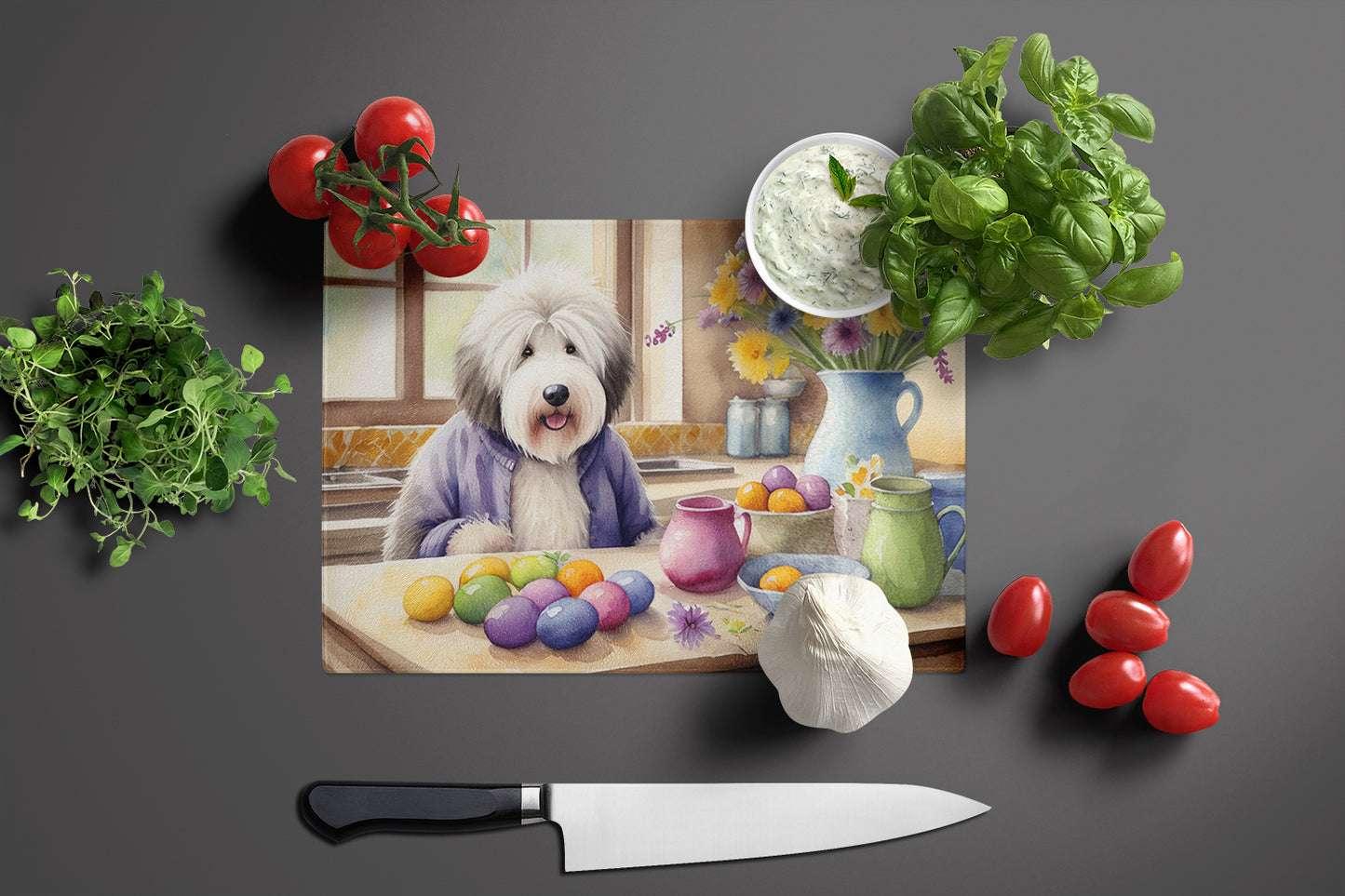 Decorating Easter Old English Sheepdog Glass Cutting Board