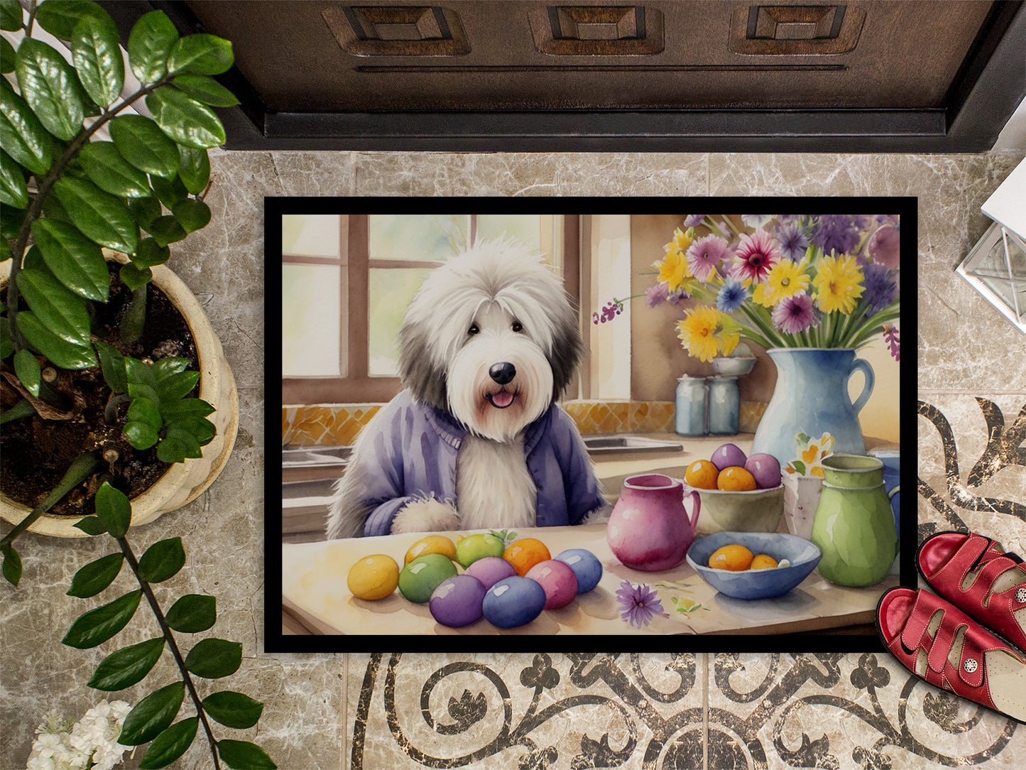 Decorating Easter Old English Sheepdog Doormat