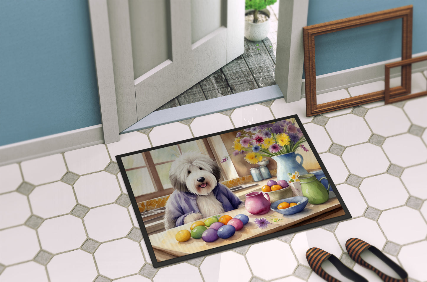 Decorating Easter Old English Sheepdog Doormat