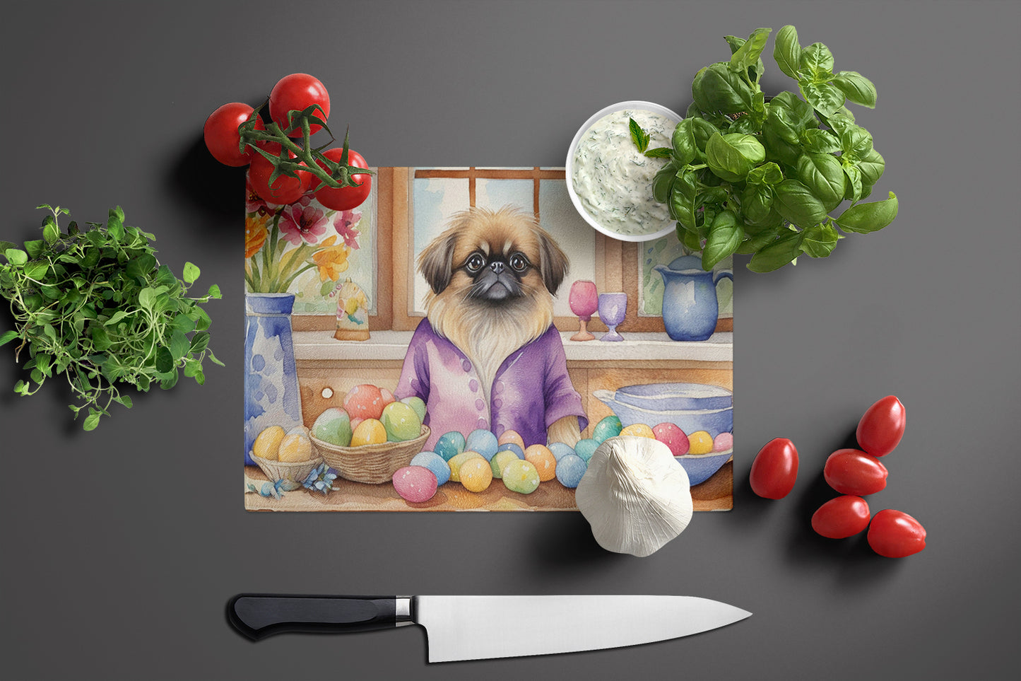 Decorating Easter Pekingese Glass Cutting Board