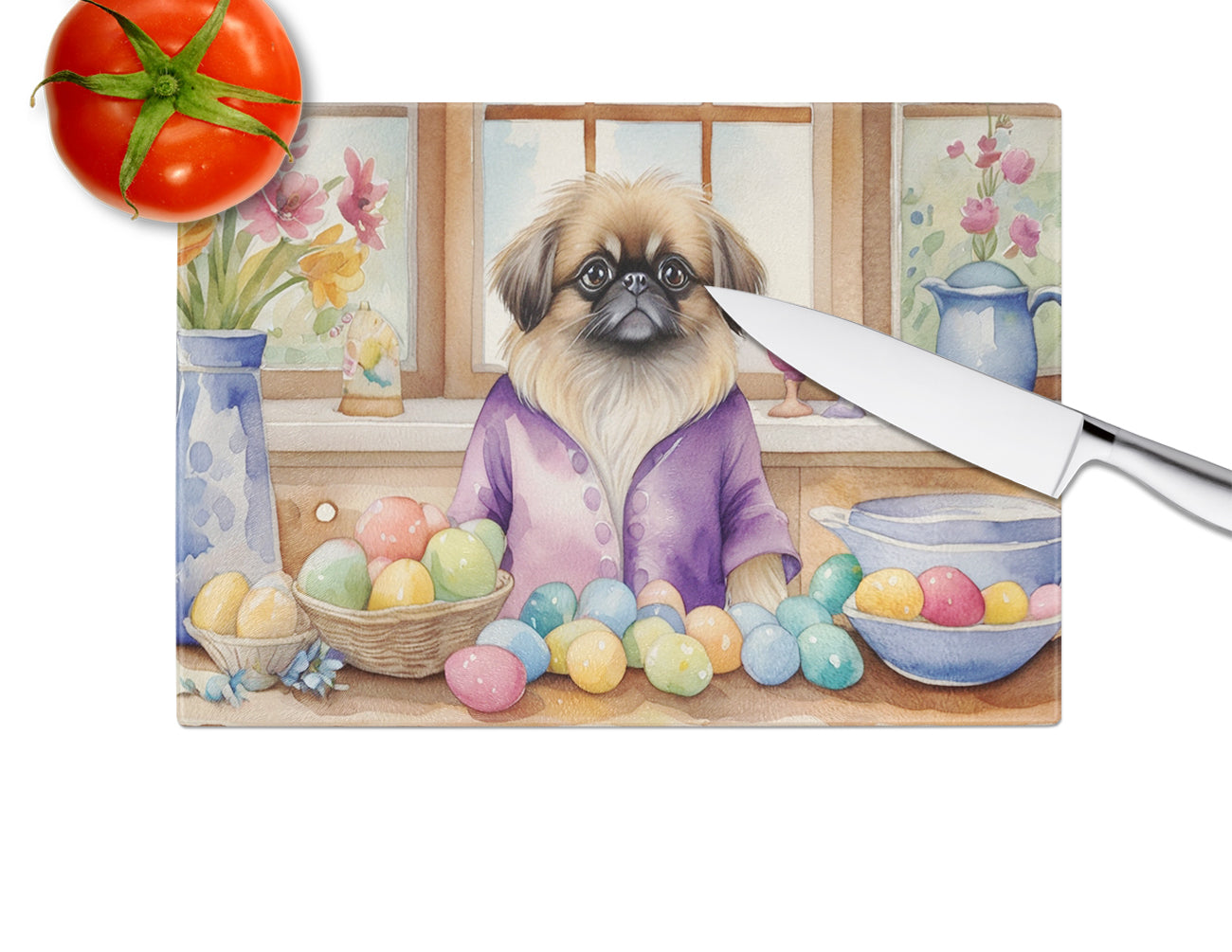 Decorating Easter Pekingese Glass Cutting Board