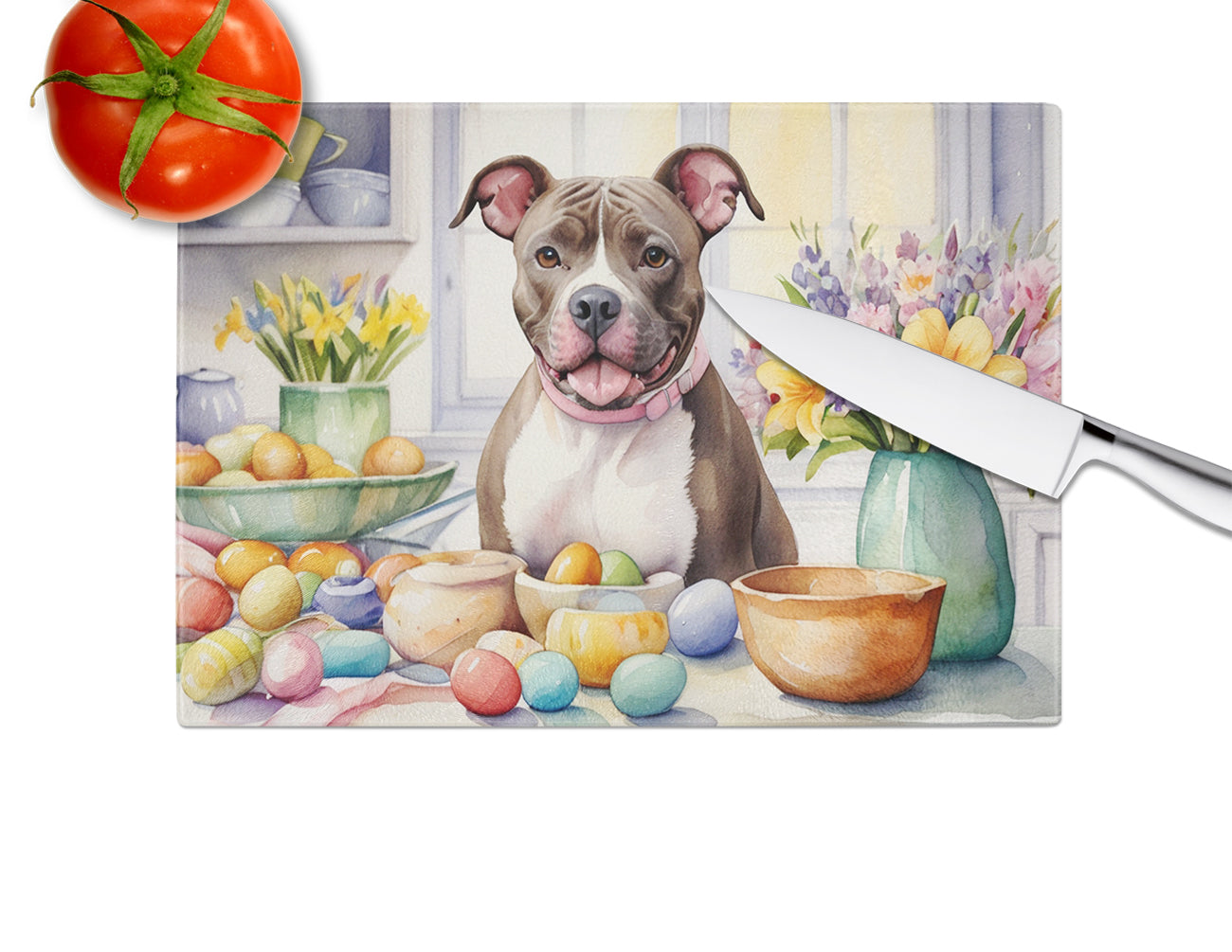 Decorating Easter Pit Bull Terrier Glass Cutting Board