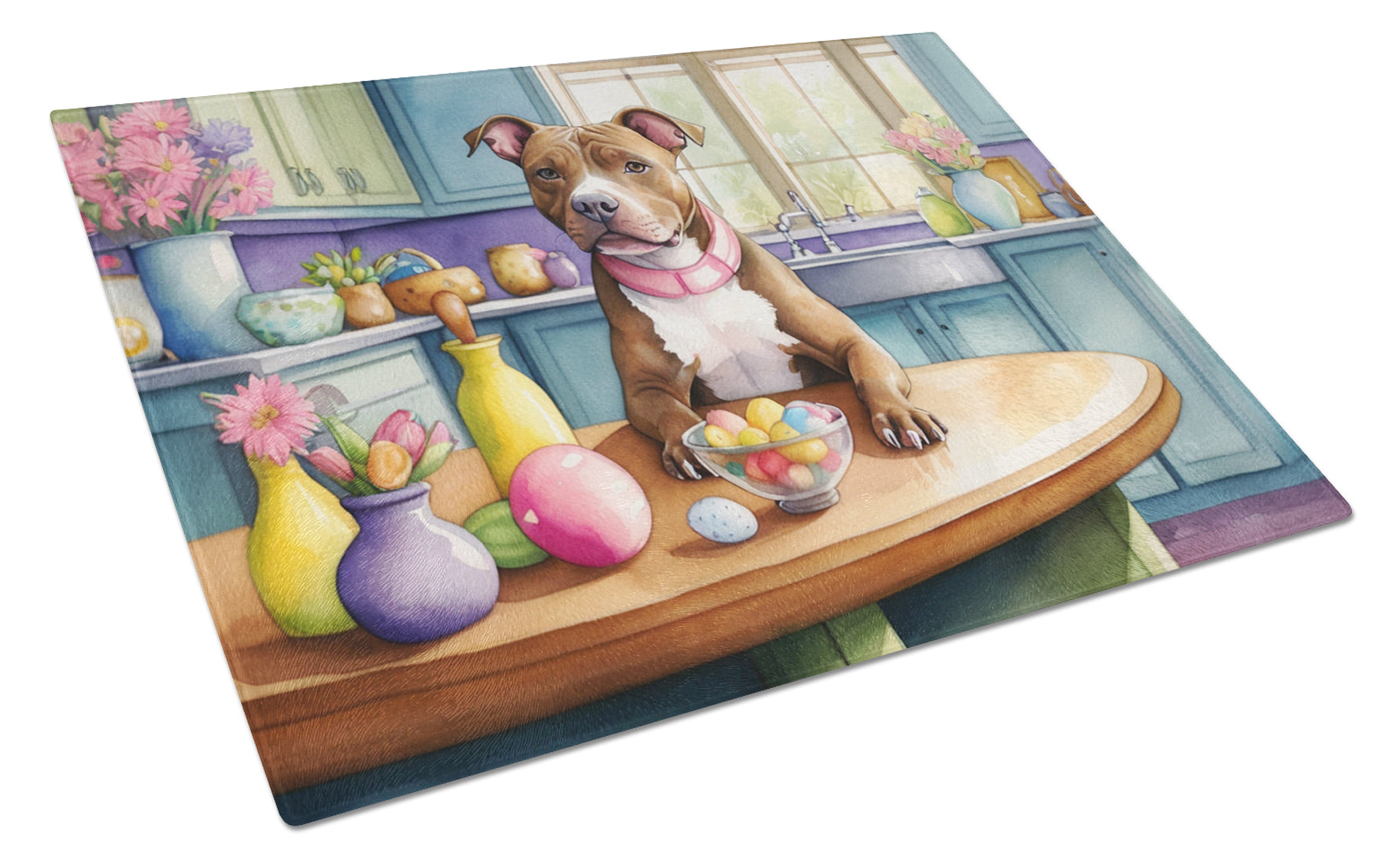 Buy this Decorating Easter Pit Bull Terrier Glass Cutting Board