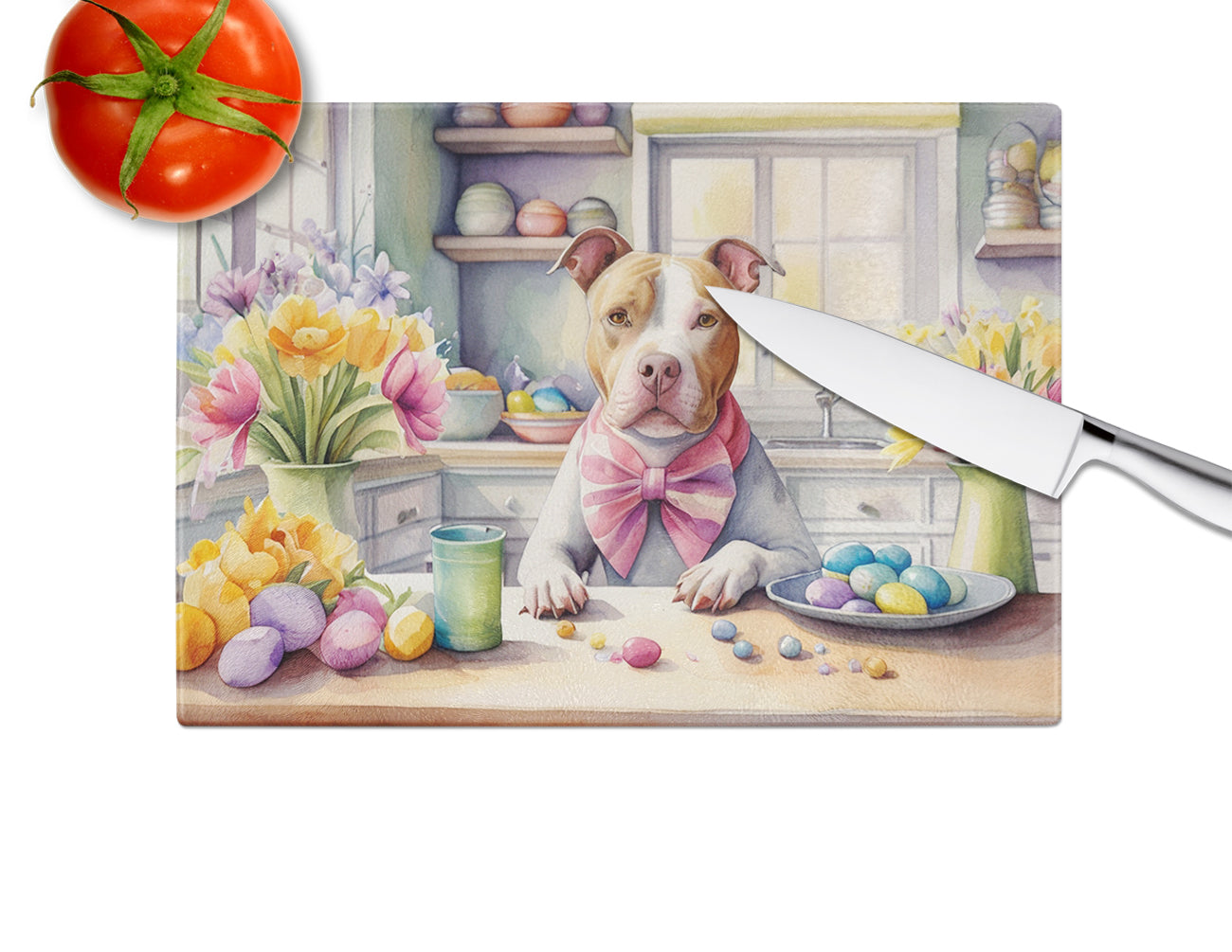 Decorating Easter Pit Bull Terrier Glass Cutting Board