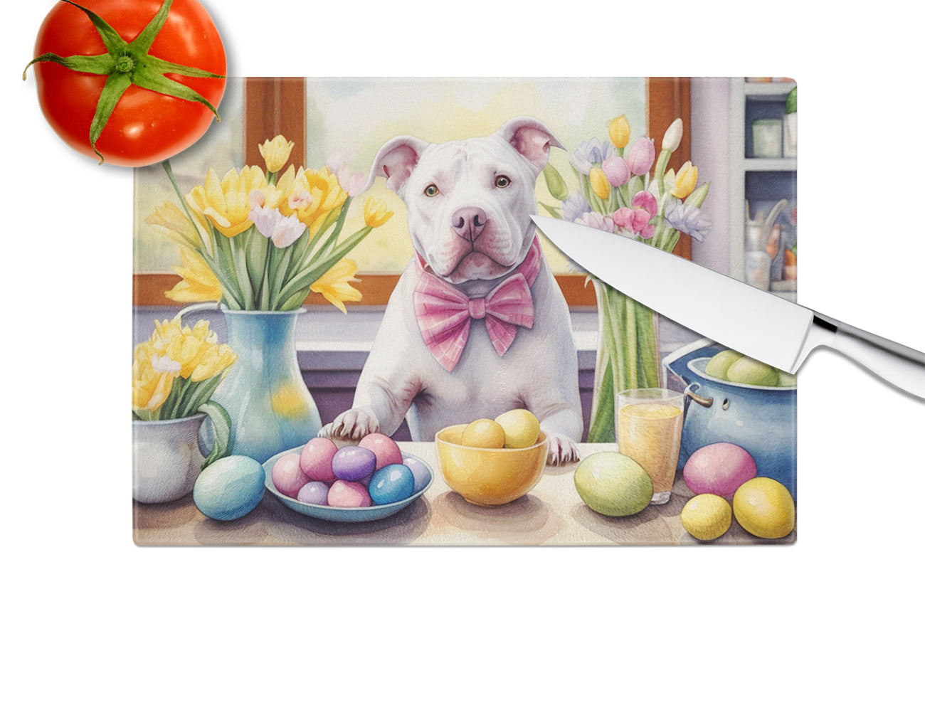 Decorating Easter Pit Bull Terrier Glass Cutting Board