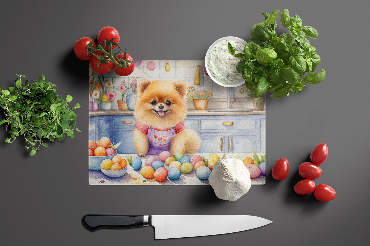 Decorating Easter Pomeranian Glass Cutting Board