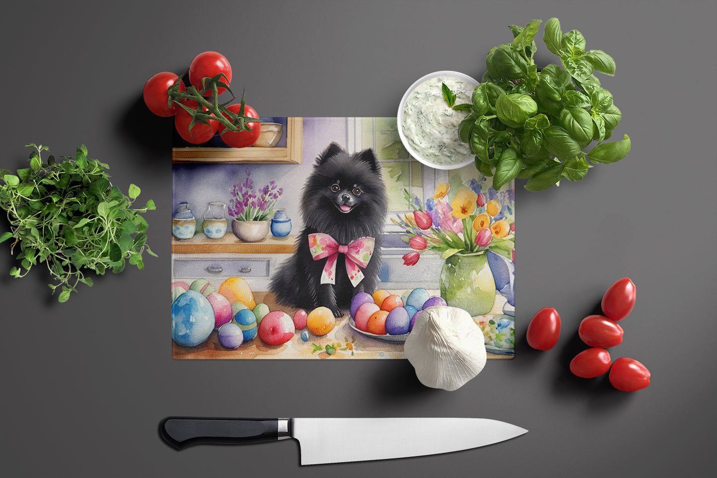 Decorating Easter Pomeranian Glass Cutting Board