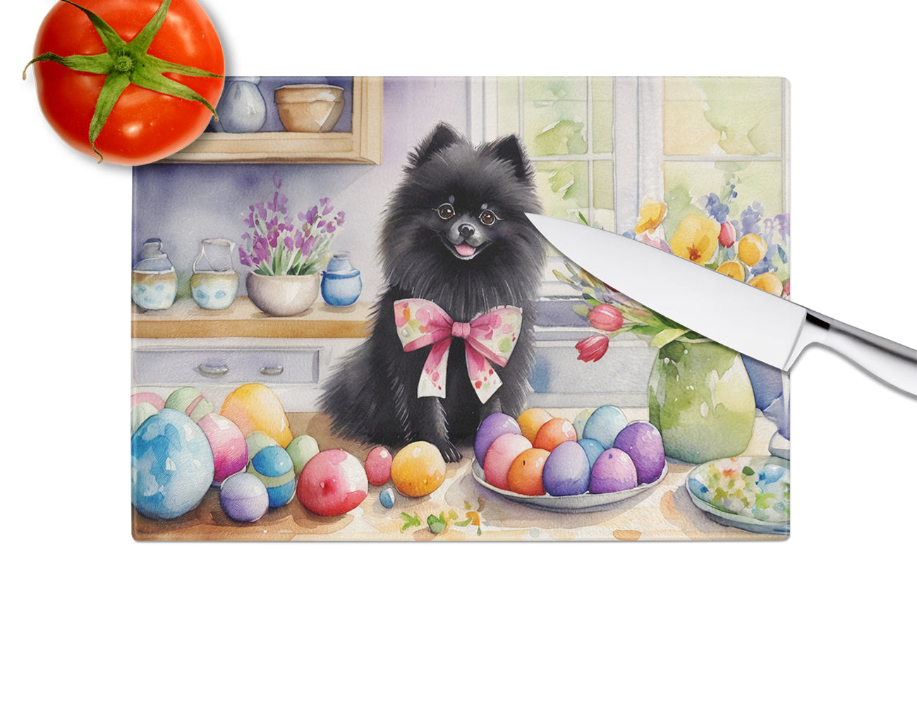 Decorating Easter Pomeranian Glass Cutting Board