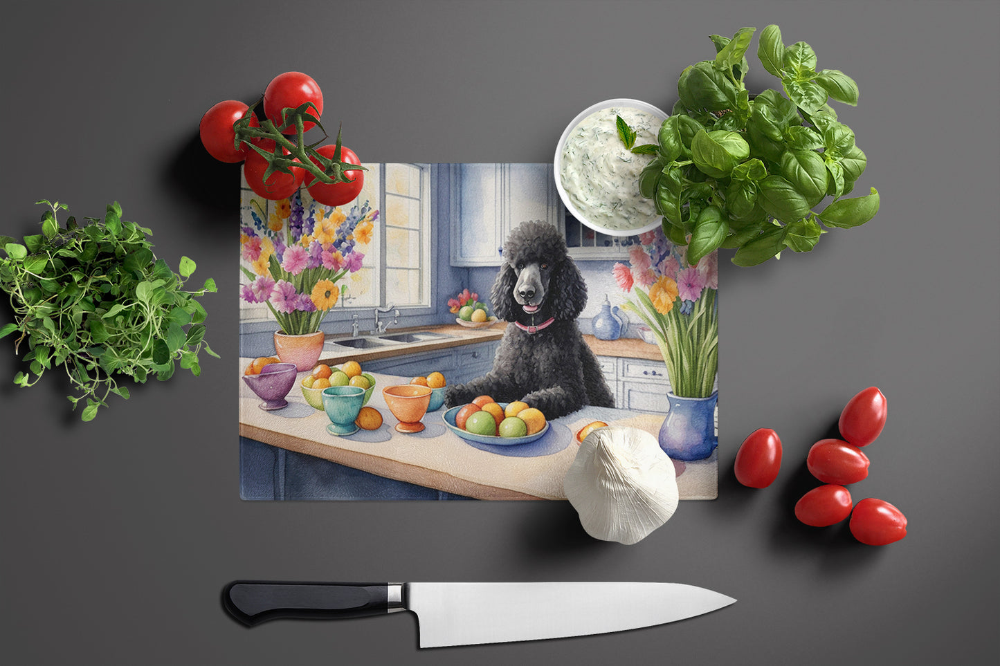 Decorating Easter Black Poodle Glass Cutting Board