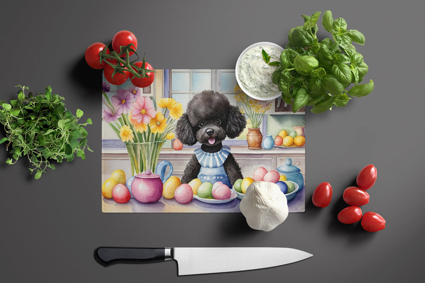 Decorating Easter Black Poodle Glass Cutting Board