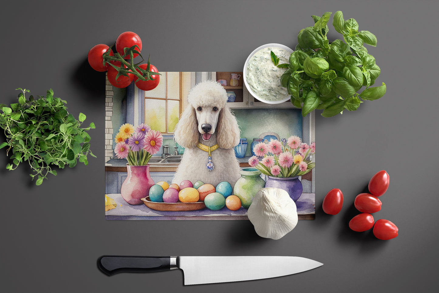 Decorating Easter White Poodle Glass Cutting Board