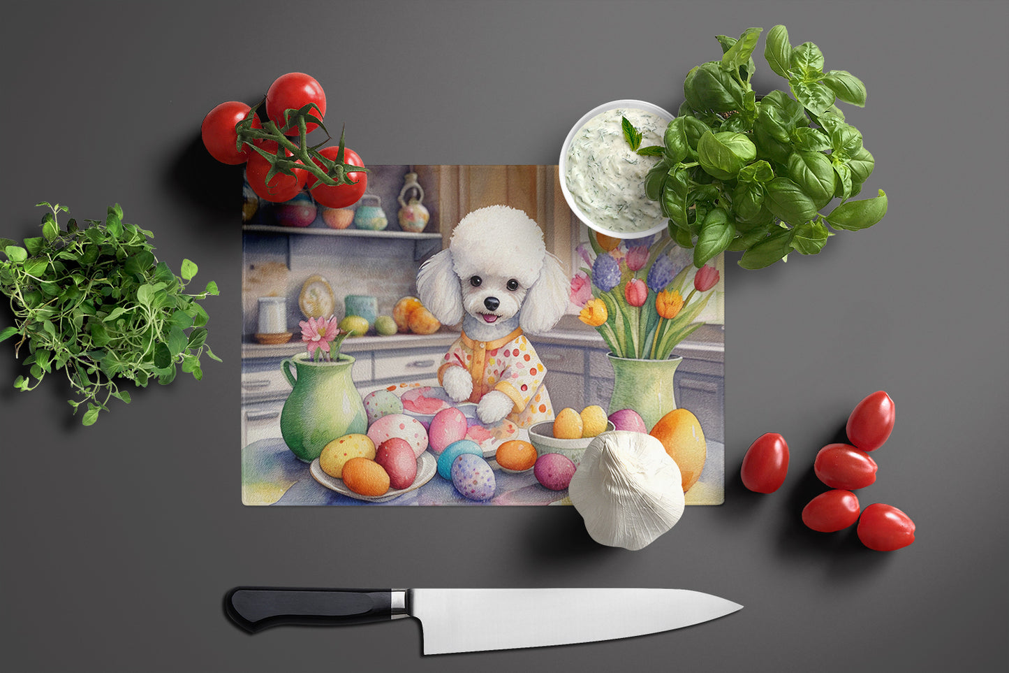 Decorating Easter White Poodle Glass Cutting Board