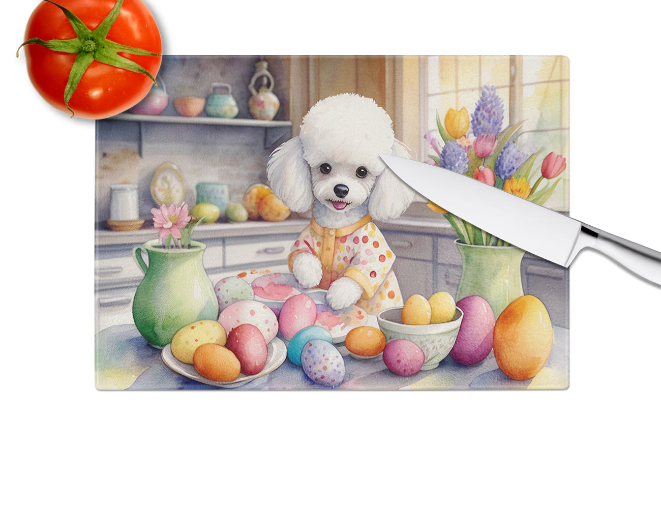 Decorating Easter White Poodle Glass Cutting Board