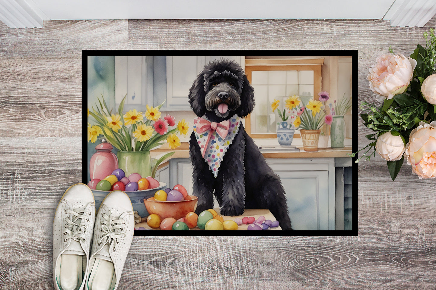 Decorating Easter Portuguese Water Dog Doormat