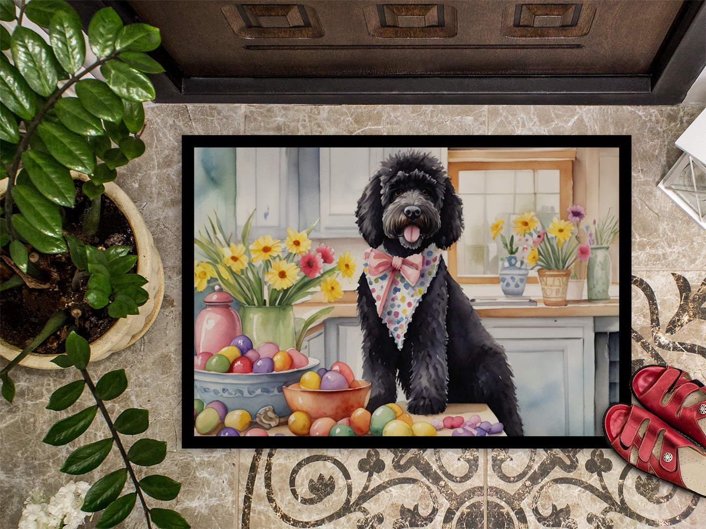 Decorating Easter Portuguese Water Dog Doormat