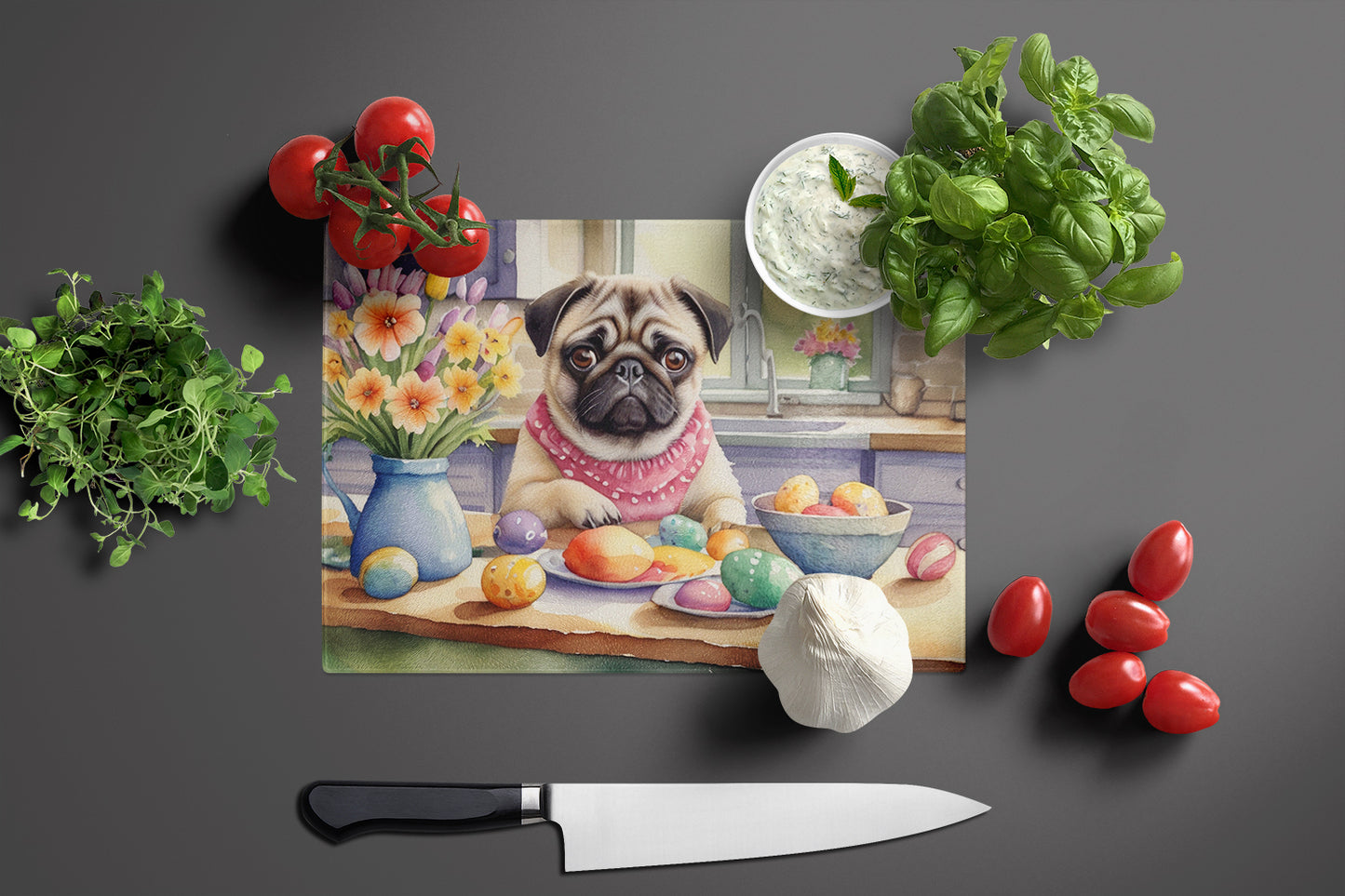 Decorating Easter Pug Glass Cutting Board