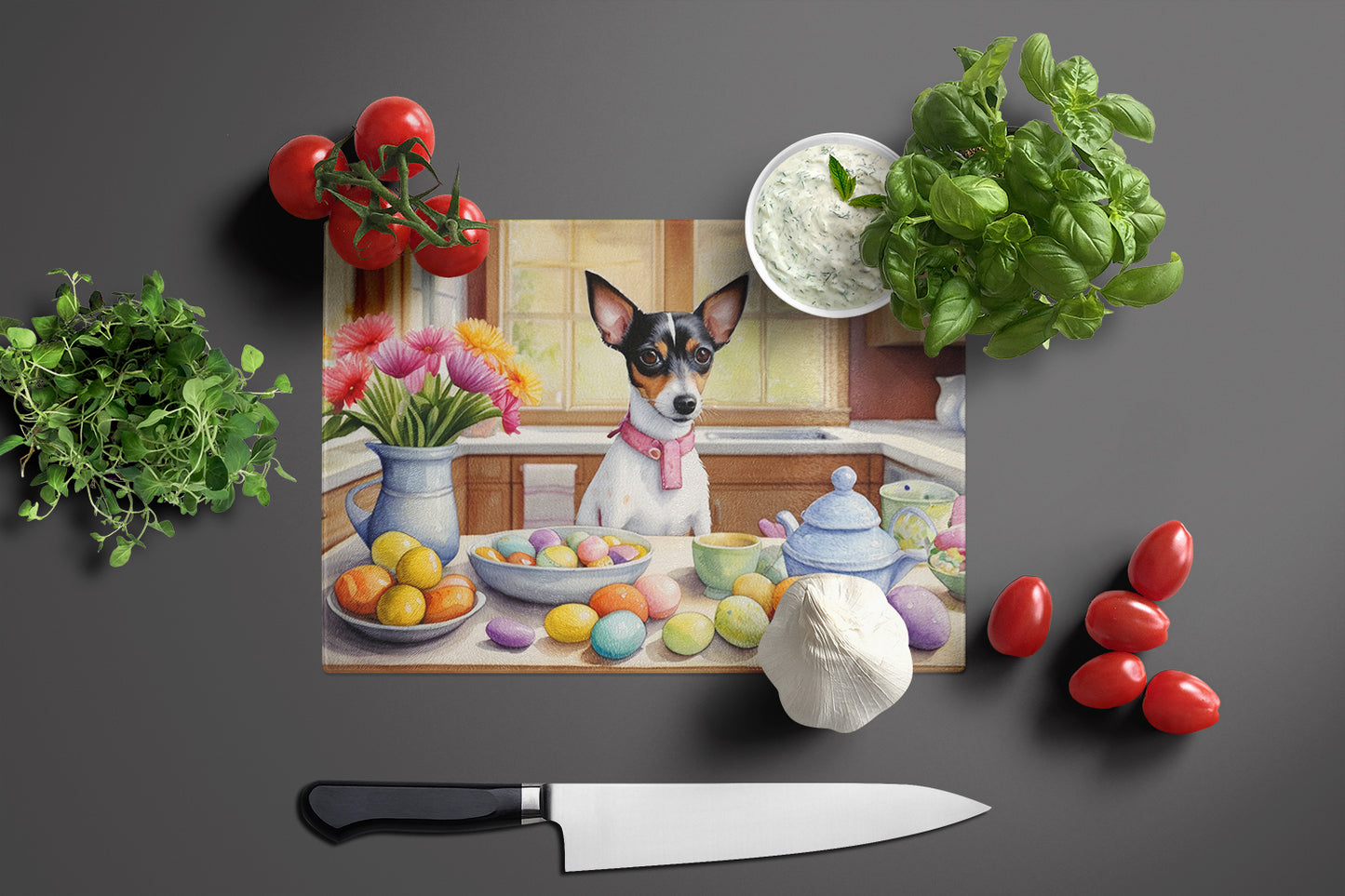 Decorating Easter Rat Terrier Glass Cutting Board