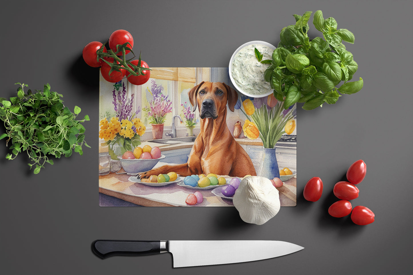 Decorating Easter Rhodesian Ridgeback Glass Cutting Board