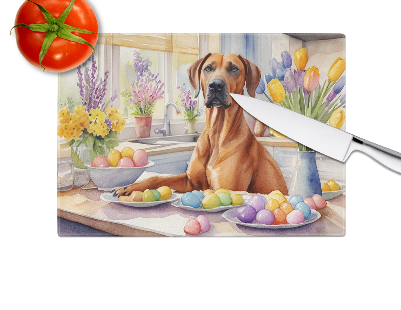 Decorating Easter Rhodesian Ridgeback Glass Cutting Board