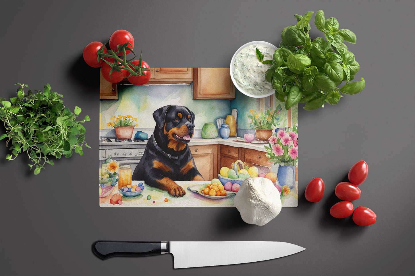 Decorating Easter Rottweiler Glass Cutting Board