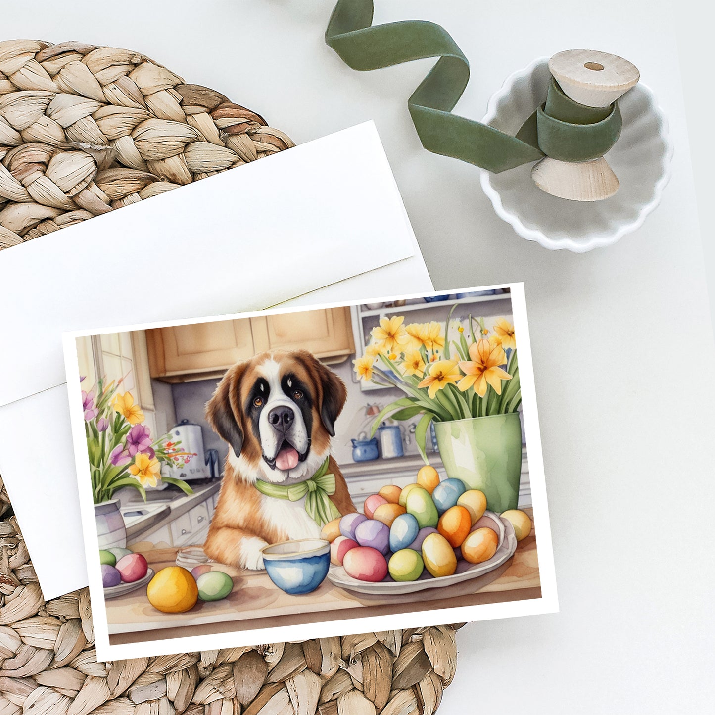 Decorating Easter Saint Bernard Greeting Cards Pack of 8