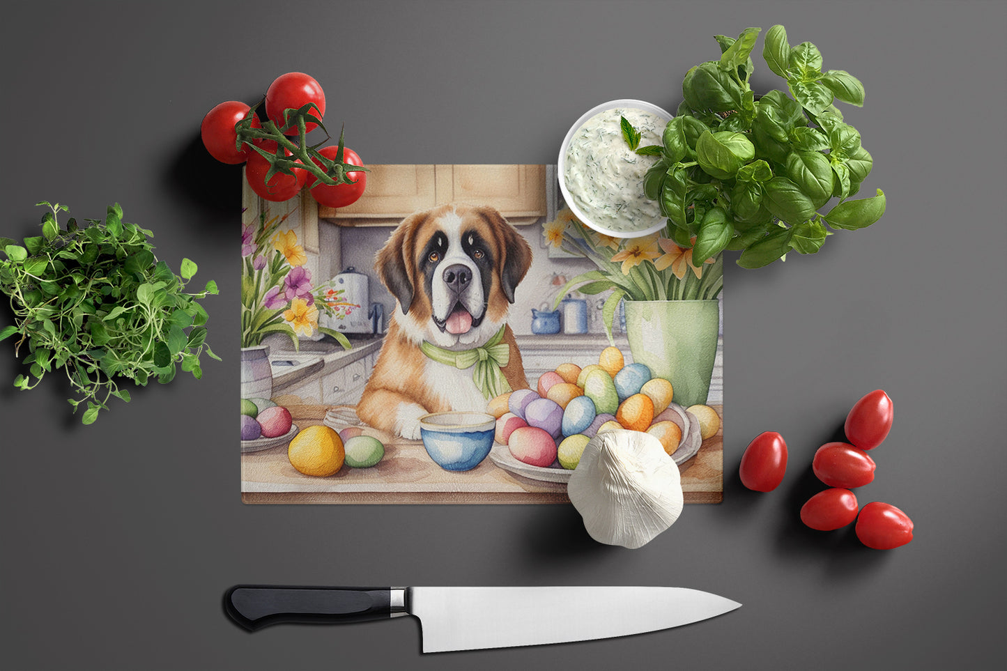 Decorating Easter Saint Bernard Glass Cutting Board