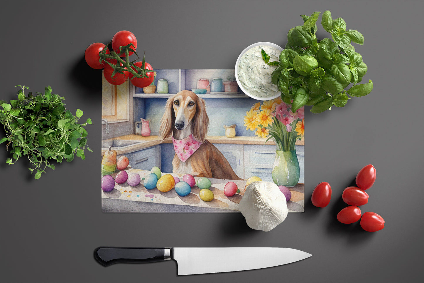 Decorating Easter Saluki Glass Cutting Board