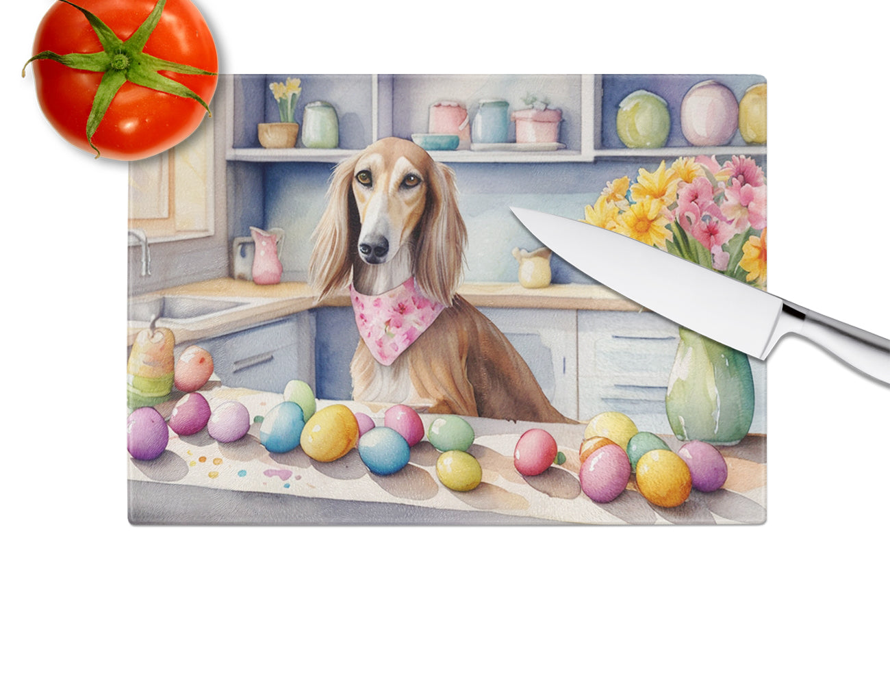 Decorating Easter Saluki Glass Cutting Board