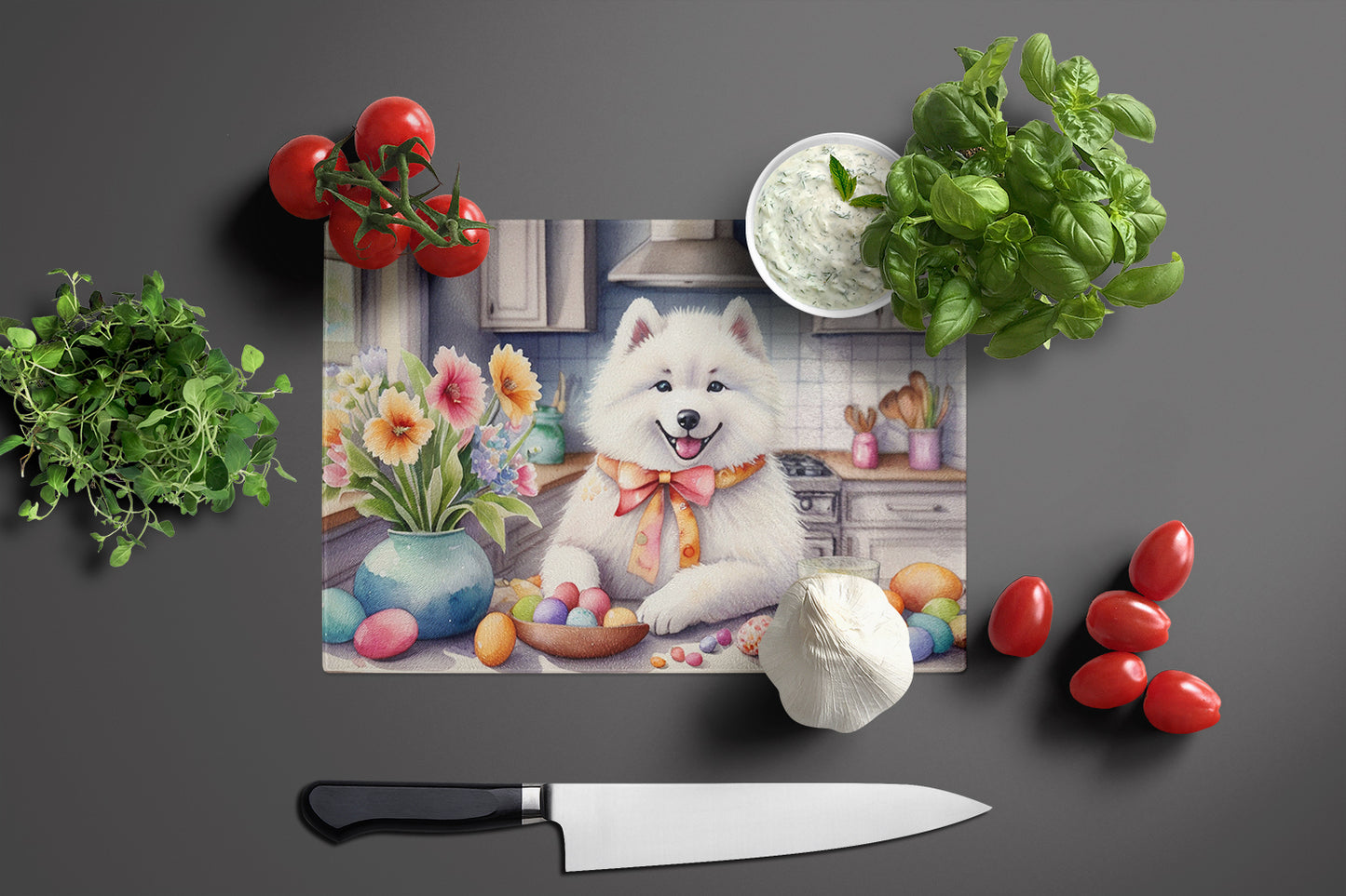 Decorating Easter Samoyed Glass Cutting Board