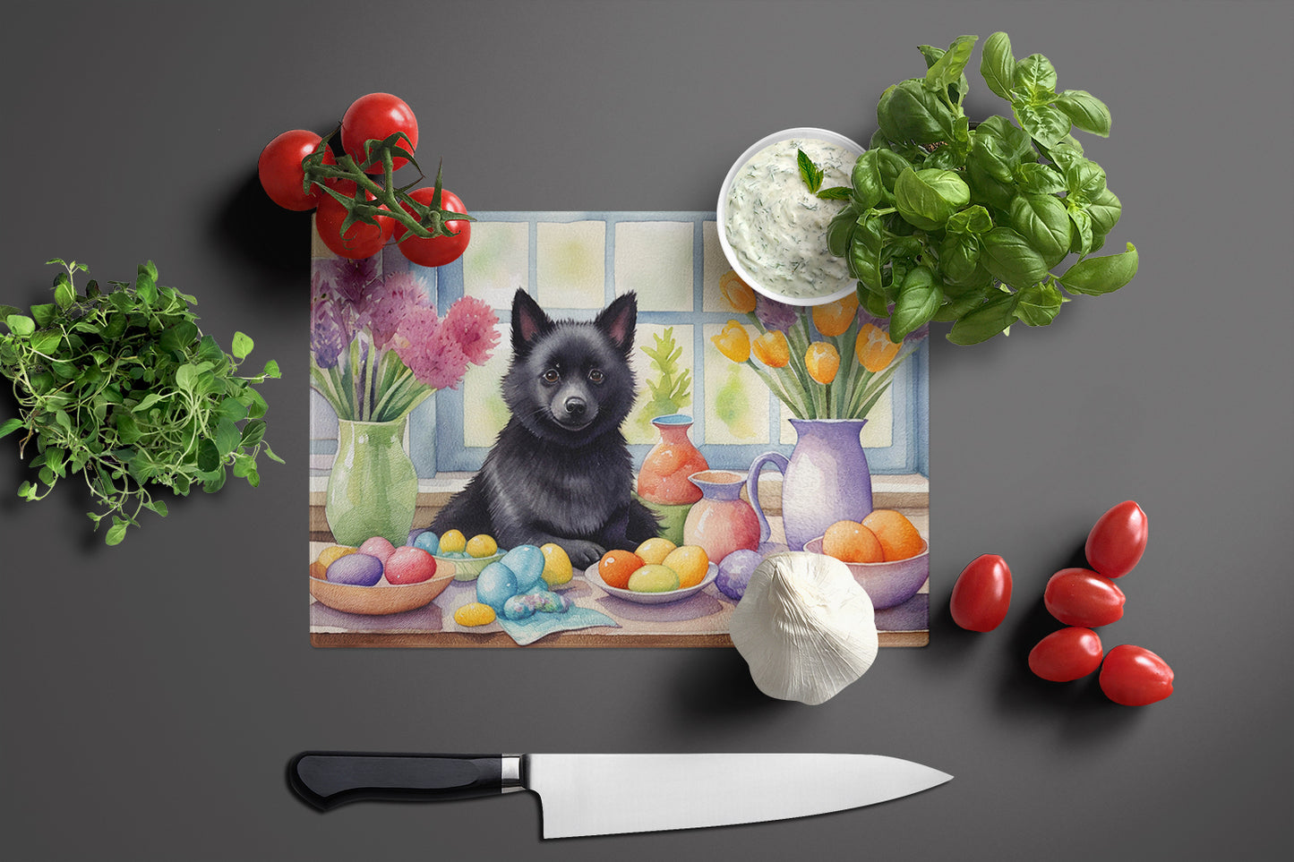 Decorating Easter Schipperke Glass Cutting Board